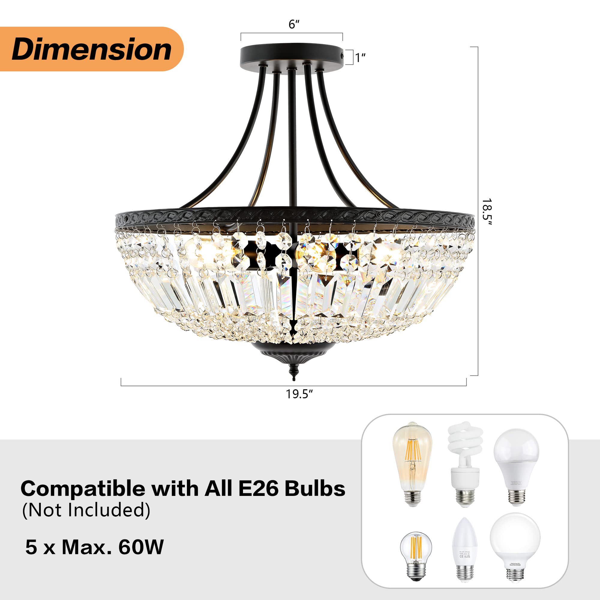 WINGBO 19.5" Black Crystal Ceiling Light Fixture, 5-Light Raindrop Chandelier for Living Room, Bedroom, Hallway, Modern Semi Flush Mount