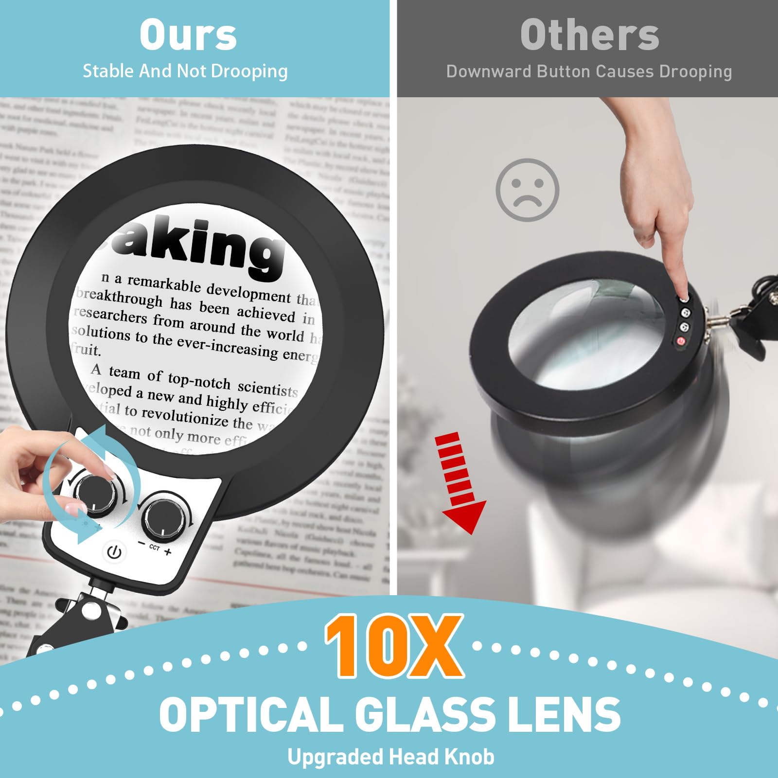 Kuvrs 10X Magnifying Glass With Light And Stand, 2-In-1 Large Base & Clamp Led Magnifying Lamp, Any Color Modes Stepless Dimmabl