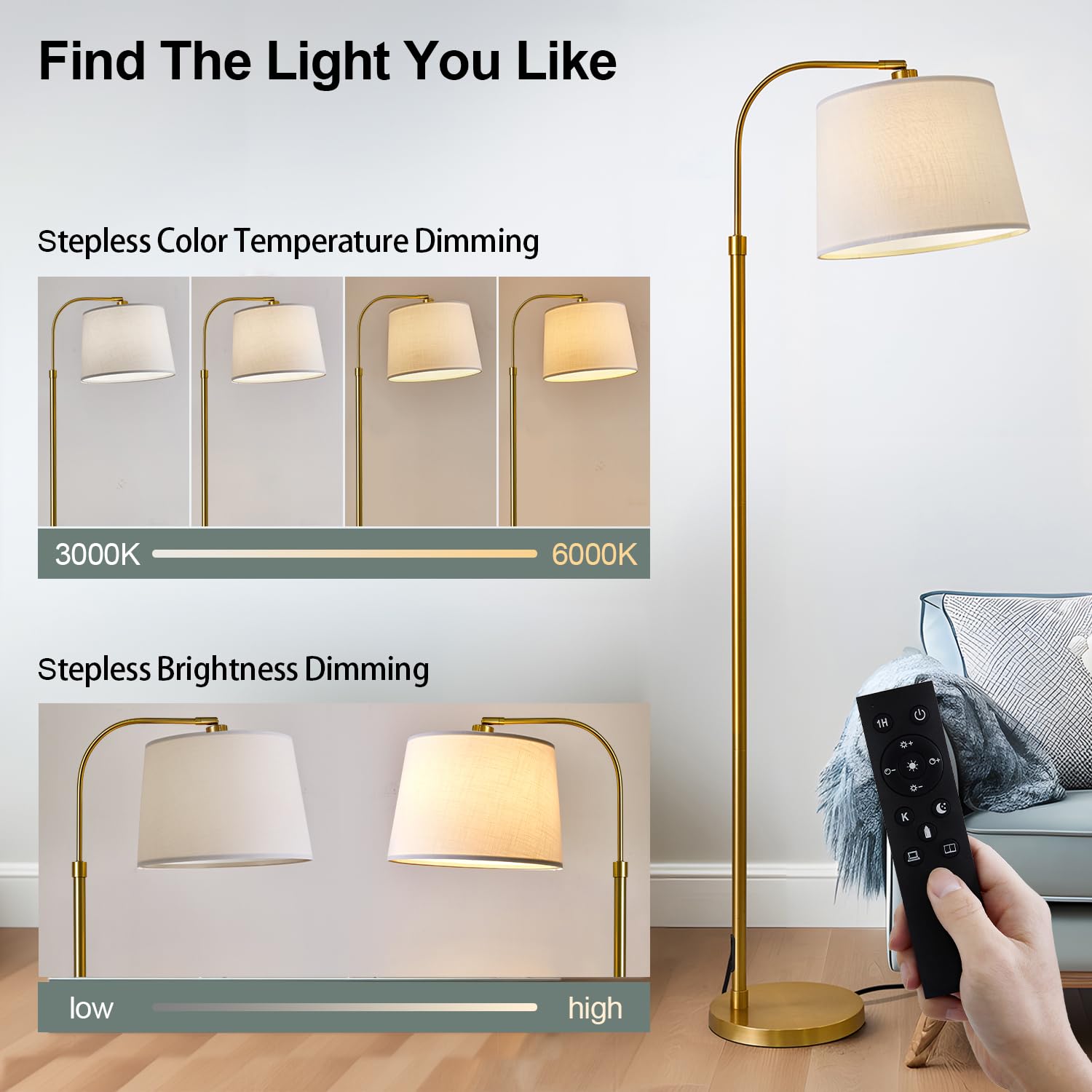 Oneach 62'' Arc Floor Lamp For Living Rooms, Gold Tall Standing Lamps With Remote And Stepless Dimmable Bulb, Modern Reading Lig