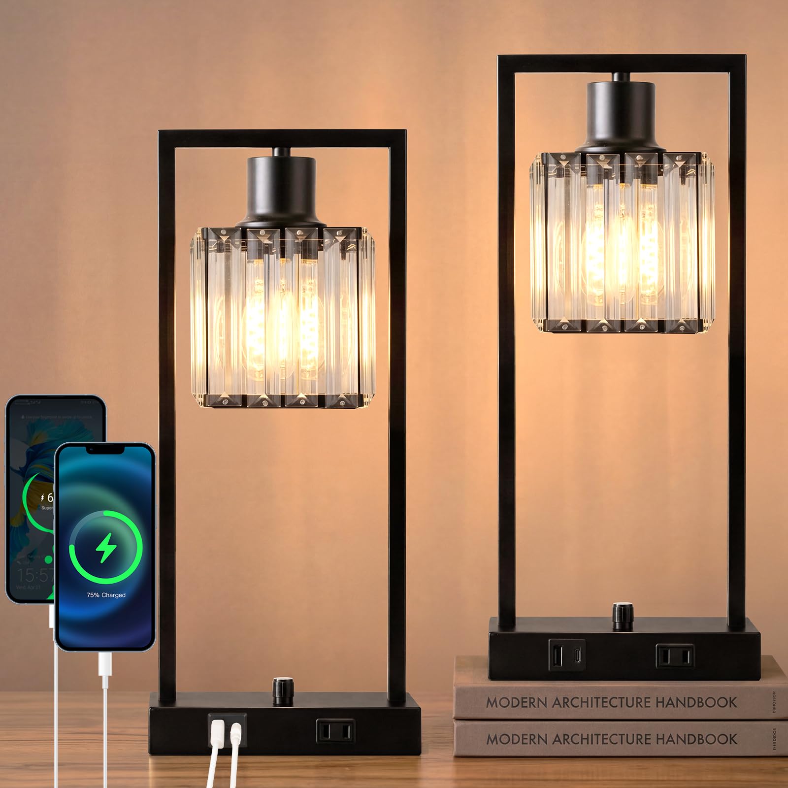 16 Desk Lamps for Home Office, Bedside Lamps with USB C+A Ports and Outlet, Black Fully Stepless Dimmable Industrial Table Lamps