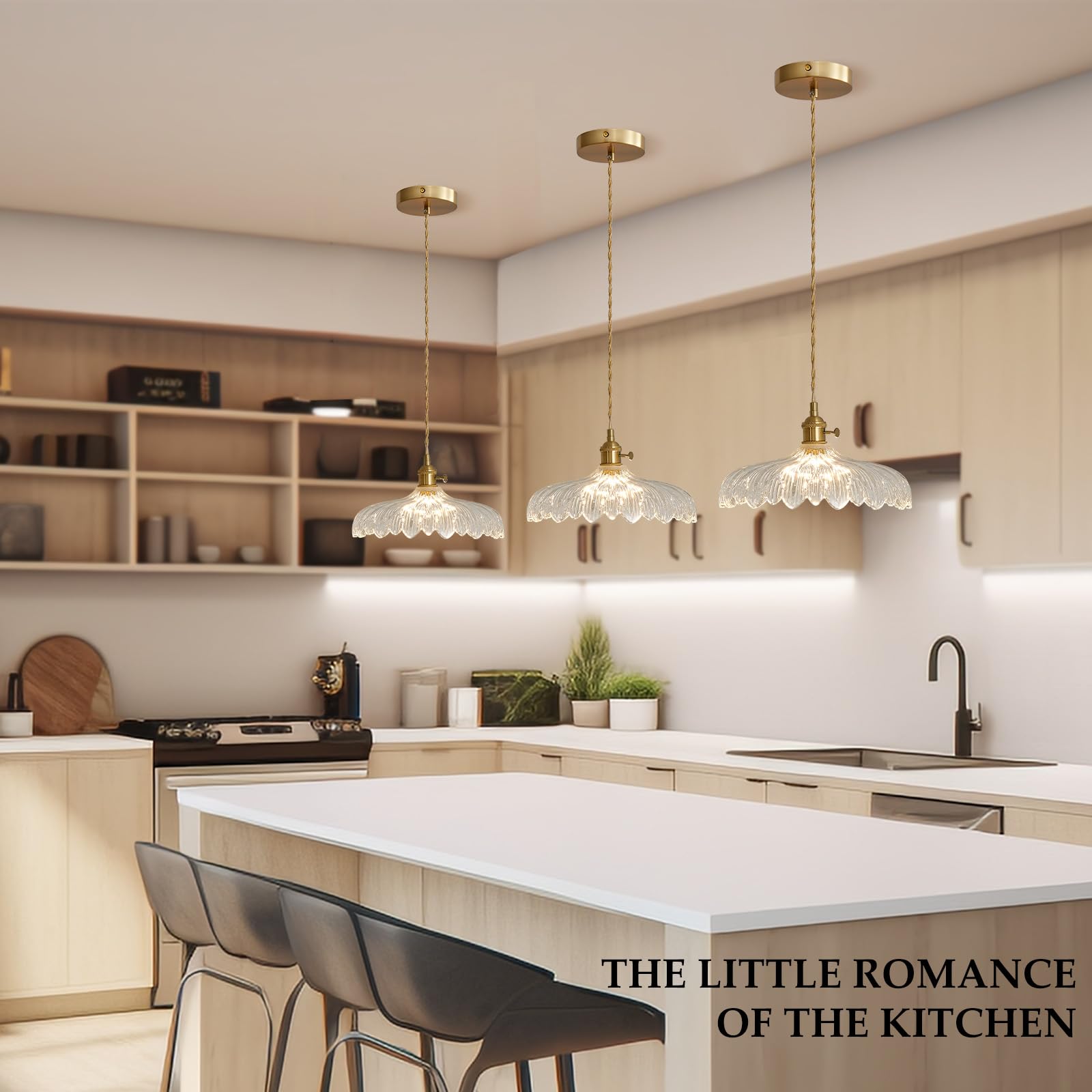 Oyisen Pendant Lights, 11.8 Inch Hanging Light Adjustable Hanging Lamp Clear Flower Glass Shade Pendant Light Fixture Kitchen Pe