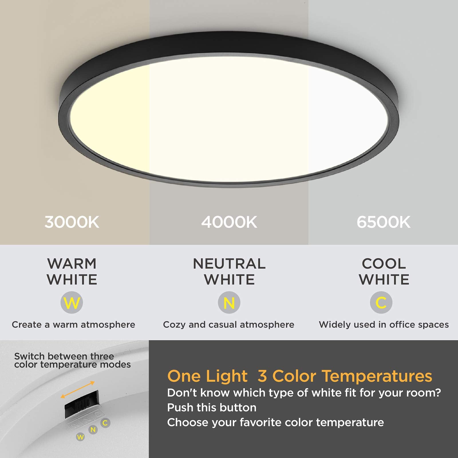 Taloya Upgraded Flush Mount Led Ceiling Light Fixture Dimmable 3 Color In One(3000K/4000K/6500K) Black 12Inch 20W=200W For Laund