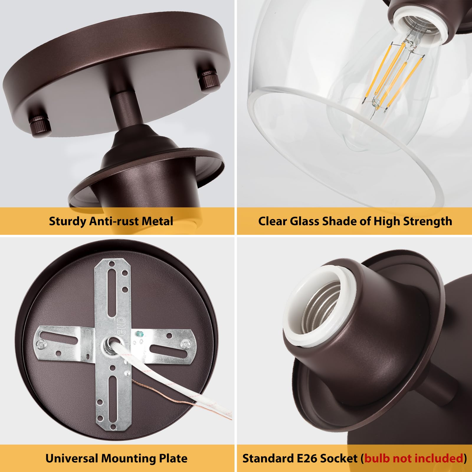 BesLowe Modern Semi Flush Mount Ceiling Light, Brown, Glass Shade, Model C2508-01-ORB, Ideal for Hallway, Bedroom, Dining Room