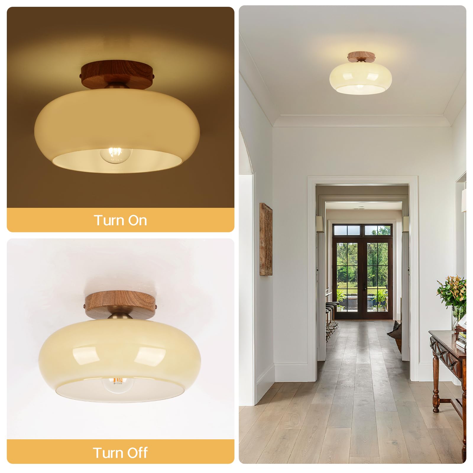 Clarsyne Mid Century Modern Schoolhouse Semi Flush Mount Ceiling Light  Cream Glass Lamp With Wood Grain Metal Base  Rustic Farmhouse Lighting Fixture For Bedroom  Hallway  Dining  Living  Entryway