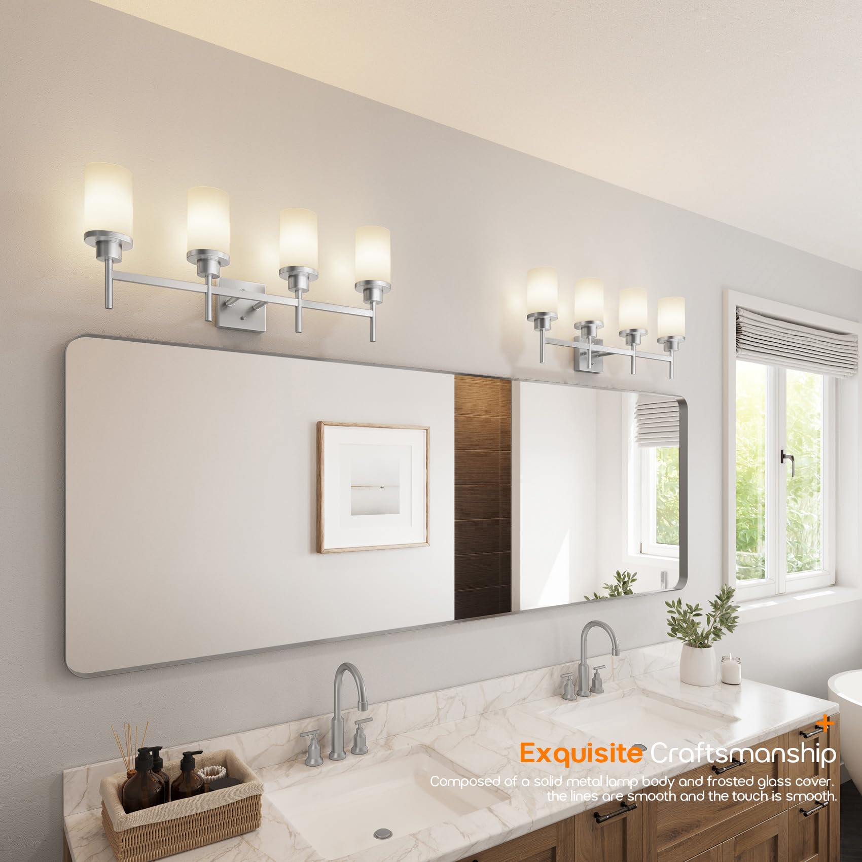 Aoneon 4-Light Vanity Lighting Fixtures With White Frosted Glass Shade  Brushed Nickel Bathroom Wall Lamps Over Mirror For Bath Restroom Kitchen T001Br-L4