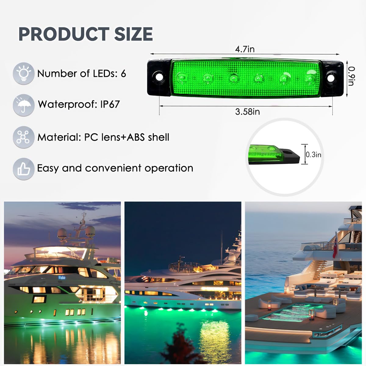 TZnponr Marine Boat Lights - 10PCS Green 12V Waterproof Cockpit Navigation Lighting for Yacht, Fishing, Sailboat, Kayak, Pontoon Boat