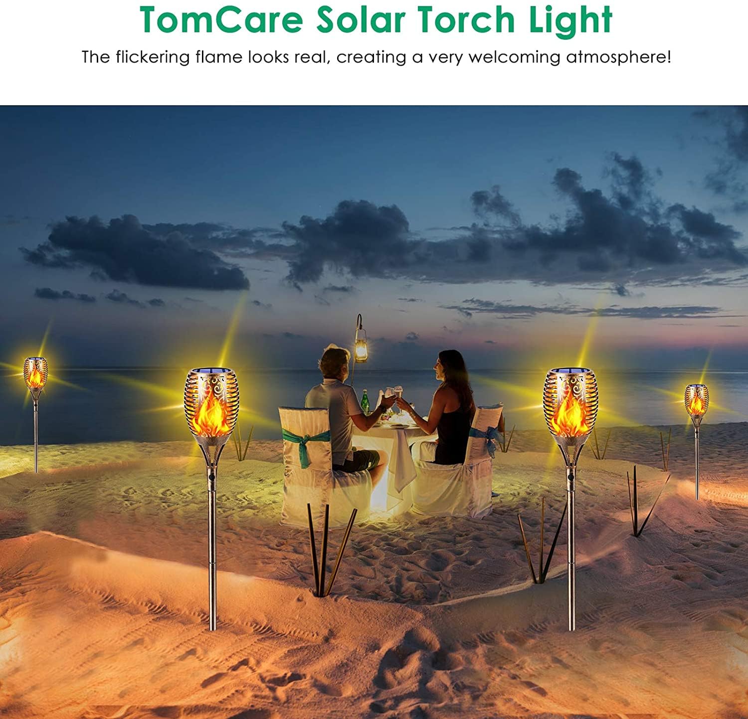TomCare Solar Torch Lights - 99 LED Flickering Flame, Waterproof, Large 4 Pack, Bronze, Model SL-1036B for Garden Patio Yard