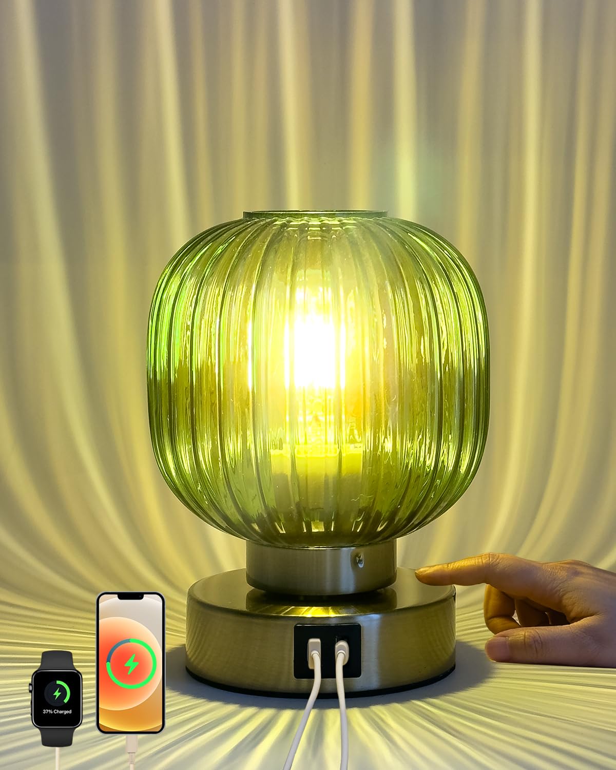 Touch Small Table Lamp,Elegant Green Glass Bedside Lamp 3 Way Dimmable with USB C+A Charging Ports - Bedroom Nightstand & Living