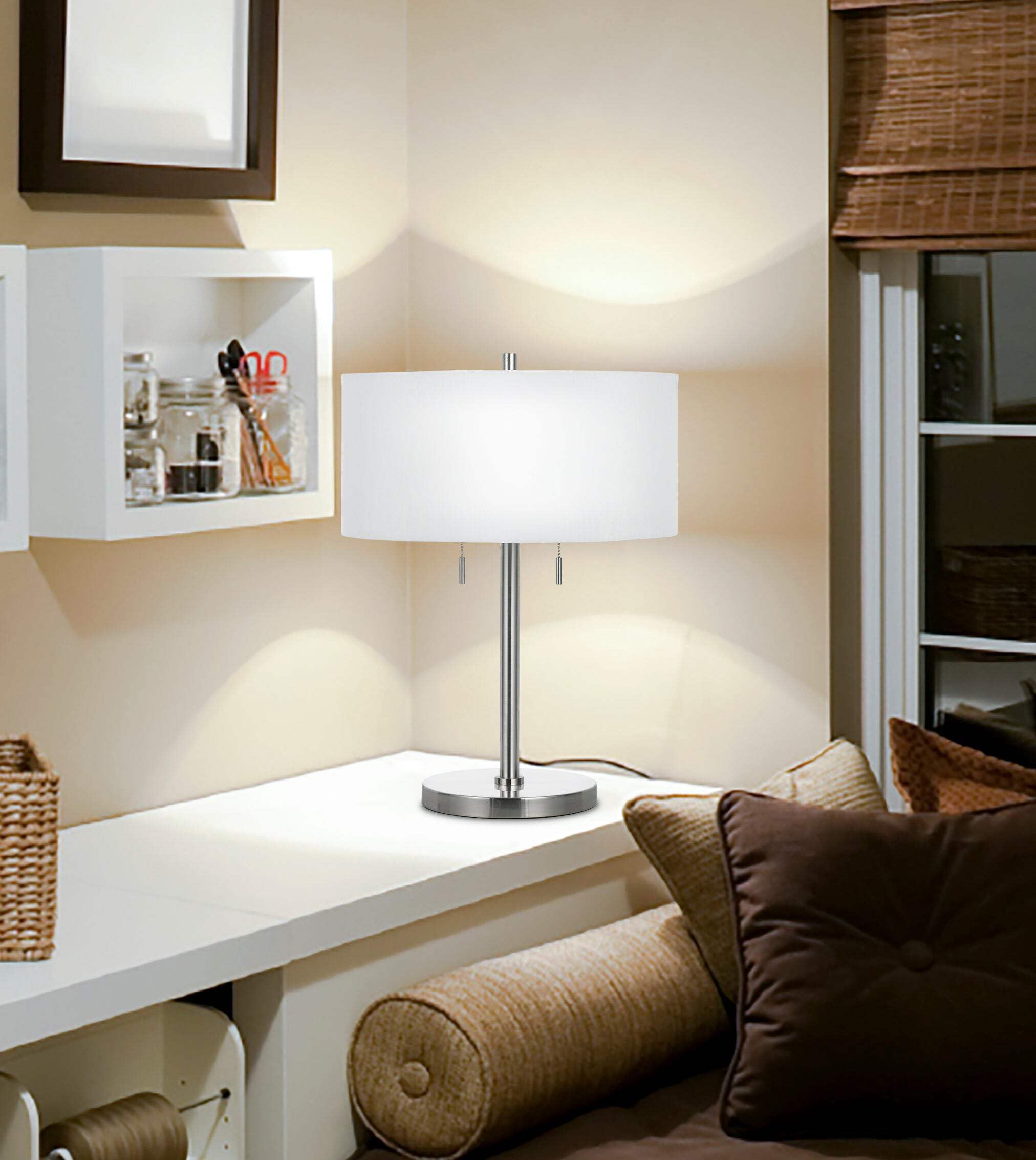 HomeRoots 24 in. Nickel Metal Two Light Table Lamp with White Shade, Model 524693
