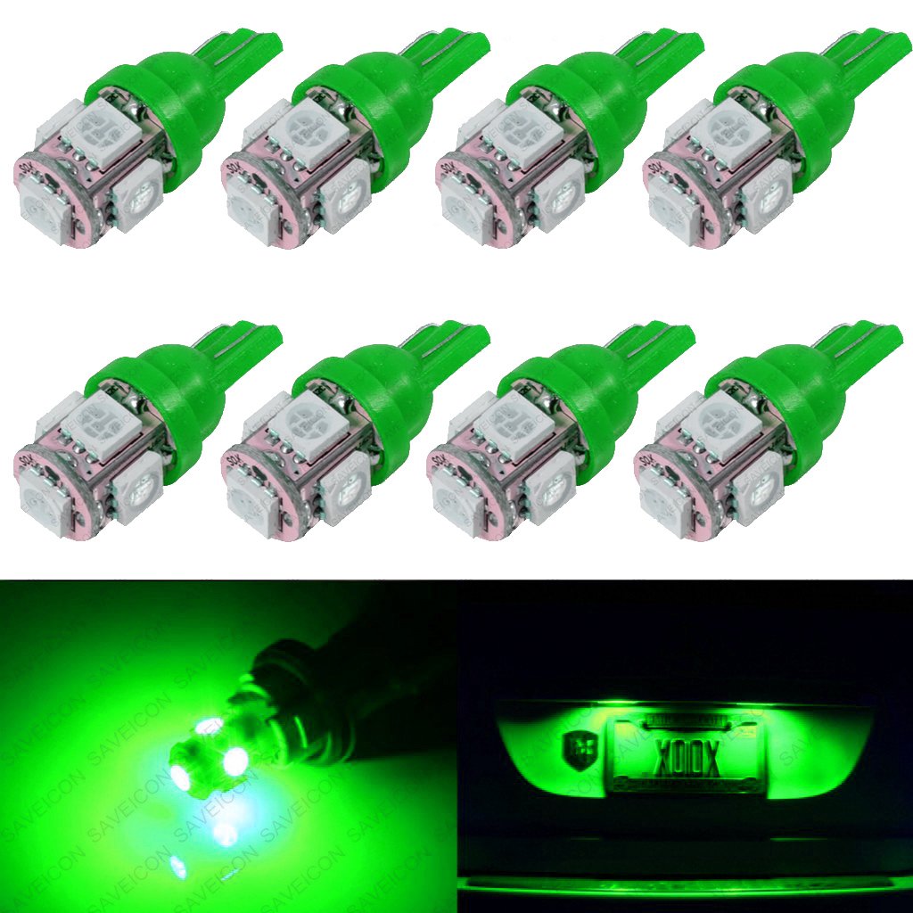 SAWE LED License Plate Dome Map Lights Bulbs, 5-SMD, Pack of 8, Green