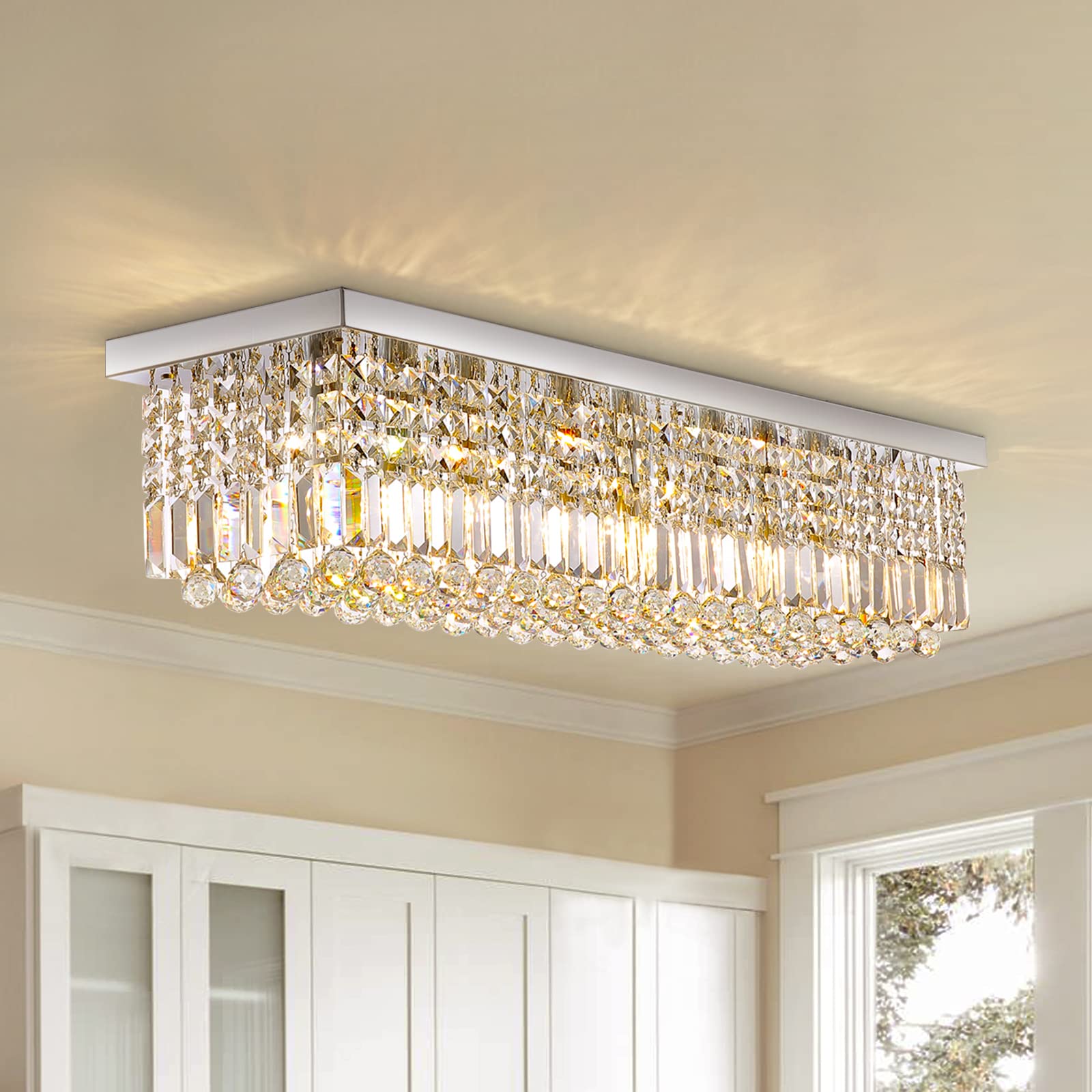 Siljoy Modern Crystal Chandelier 6-Lights Rectangular Flush Mount Pendant Ceiling Light Fixture Rectangle K9 Crystal Raindrop Ch