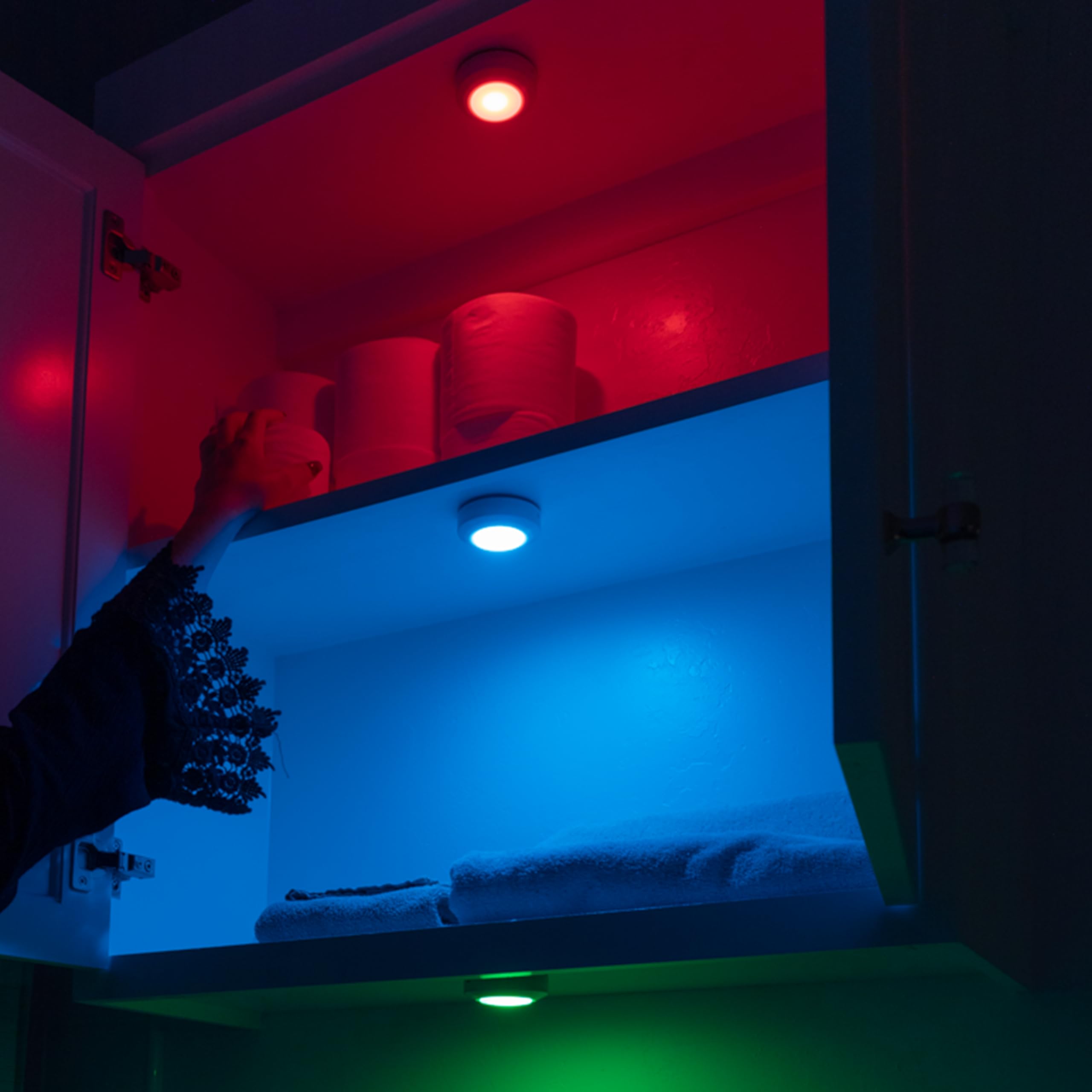 Amazon Basics LED Puck Lights, Color Changing, Battery Operated, IR Remote, 40 Lumens, 2 Pack, Wireless Stick on Lights, Under C