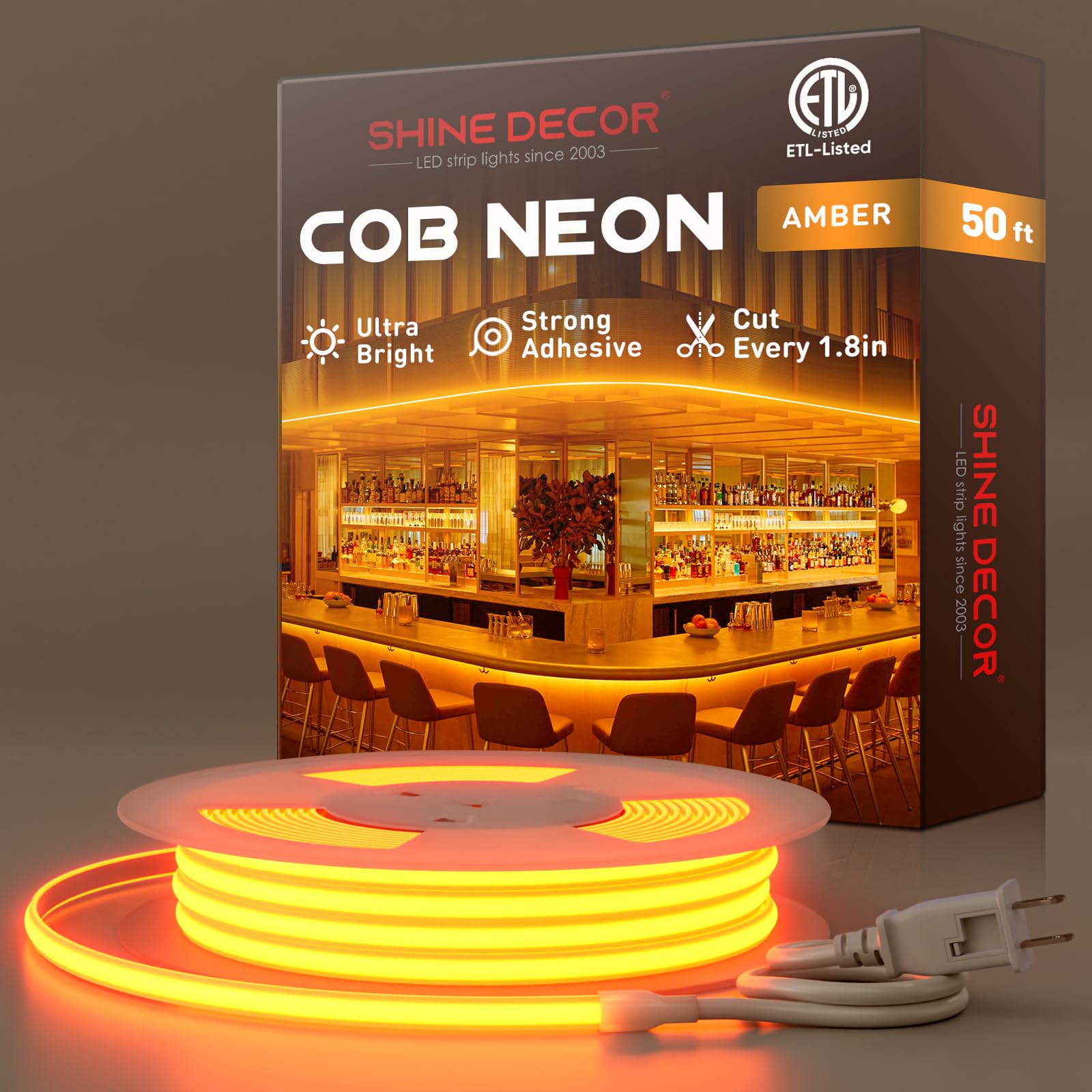 Shine Decor Cob Led Rope Light Ac 120V  800Lm Ultra Bright  Ip65 Waterproof Cold-Resistant Etl Neon Strip  No Driver Tape Lighting For Home Commercial 10X4.5Mm  Amber  50Ft