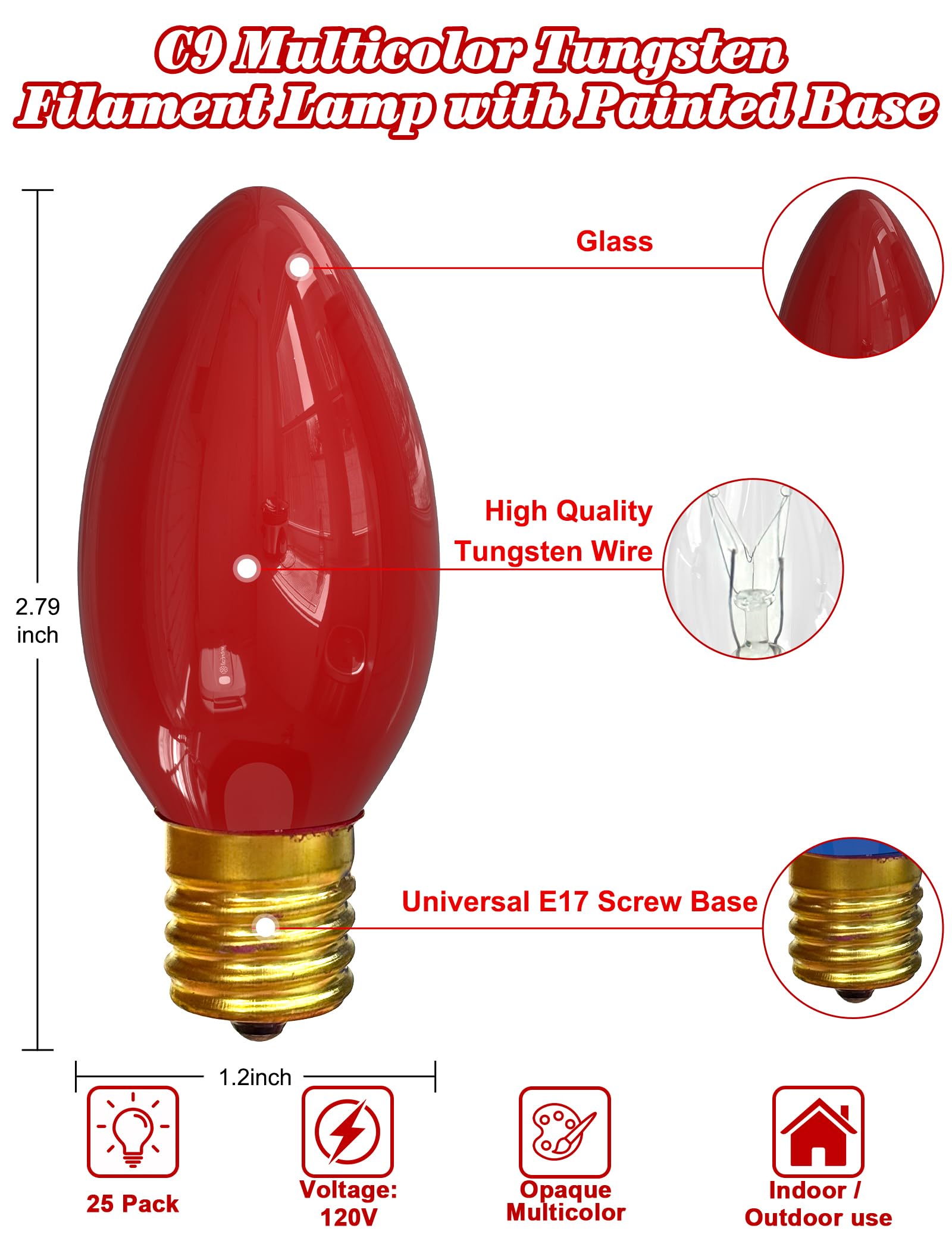 Romasaty C9 Replacement Bulbs - 25 Pack Multi-Color Ceramic, C9/E17 Base, 7 Watt