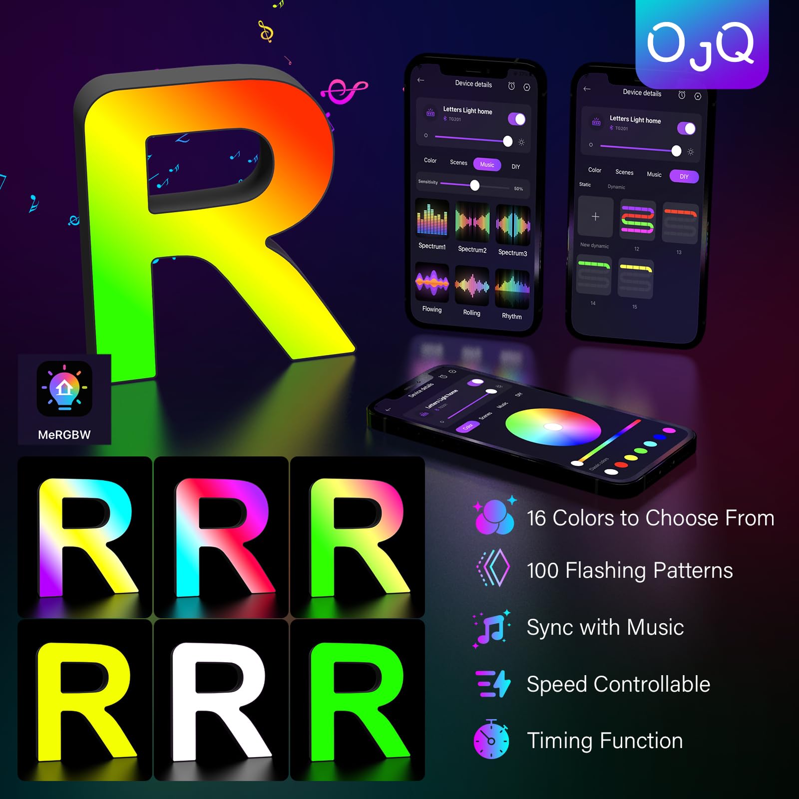 Ojq Light Up Letters Led Letter - Bedroom Lighted Colorful Alphabet Letter Music Sync Color Change - Christmas Birthday Gifts Fo