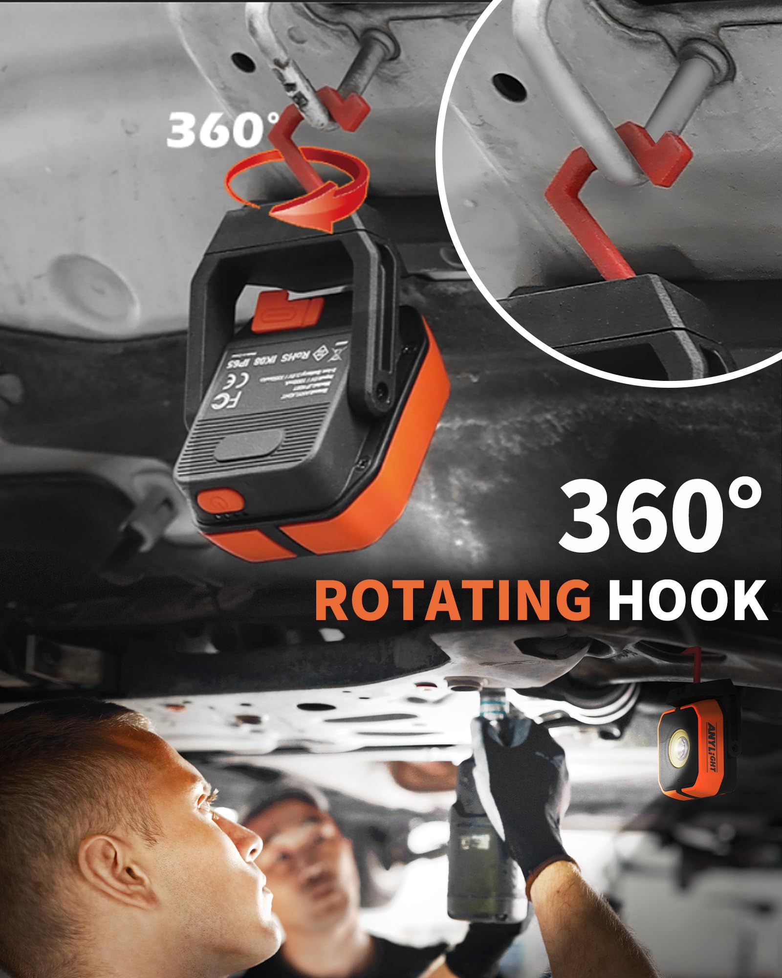 Anylight Magnetic Rechargeable Work Light, 1200LM, 4 Modes, 150° Rotatable, 2 Pack, Orange, Model JF408102-N