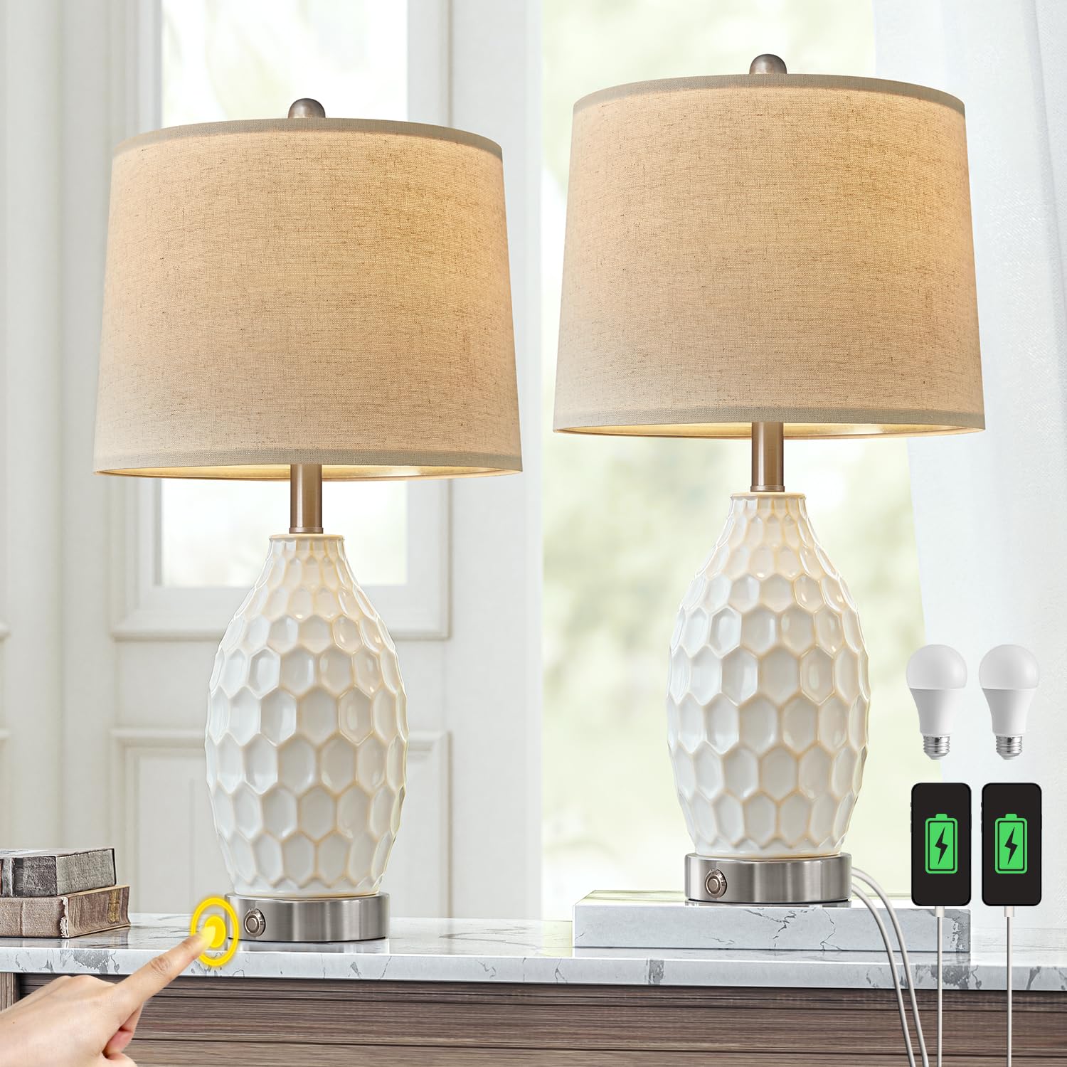 USumkky Lamps for Bedrooms Set of 2, 3-Way Dimmable Ceramic Bedside Lamp with USB Ports for Nightstand, Farmhouse Desk End Table Lamps Buffet Modern Touch Light for Living Room Home, 2 Bulbs Included