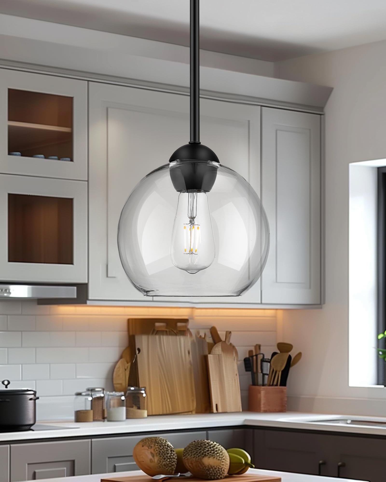 Emak 8 Inch Globe Pendant Lights Kitchen Island, Modern Black Pendant Light With Clear Glass Shade, 2 Pack Hanging Light Fixture