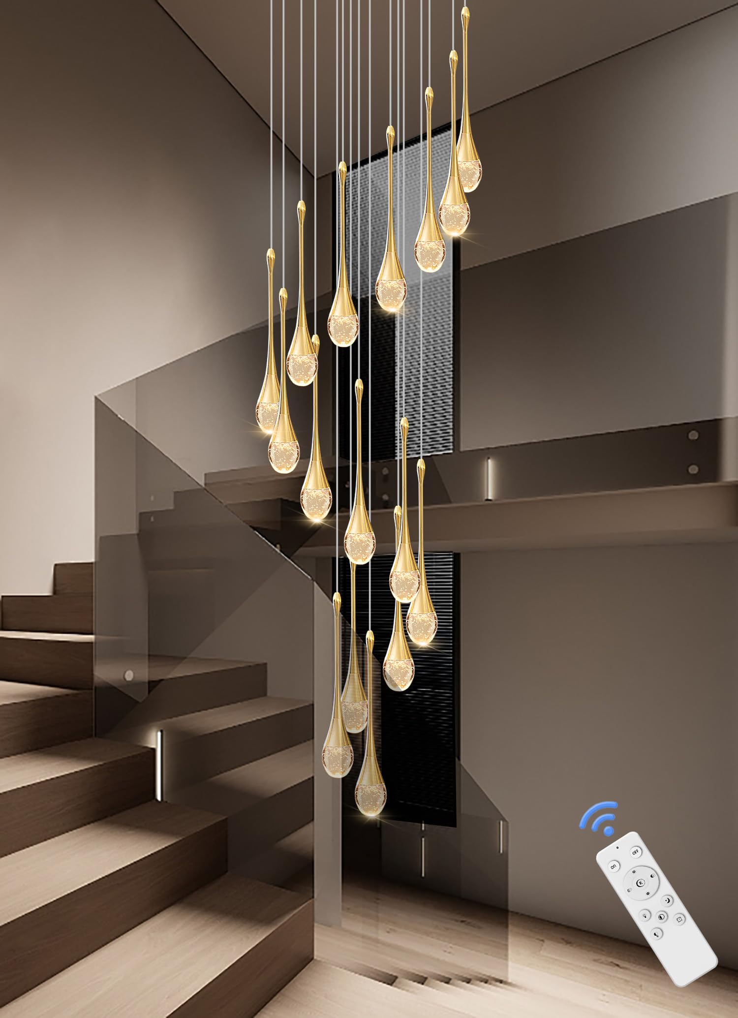 Ykolupty 120'' Long Spiral Crystal Chandeliers 16-Lights Gold Bubble Raindrop Crystal Pendant Chandelier Staircase Slanted Ceiling Loft Fixtures Led Dimmable 2700-6000K