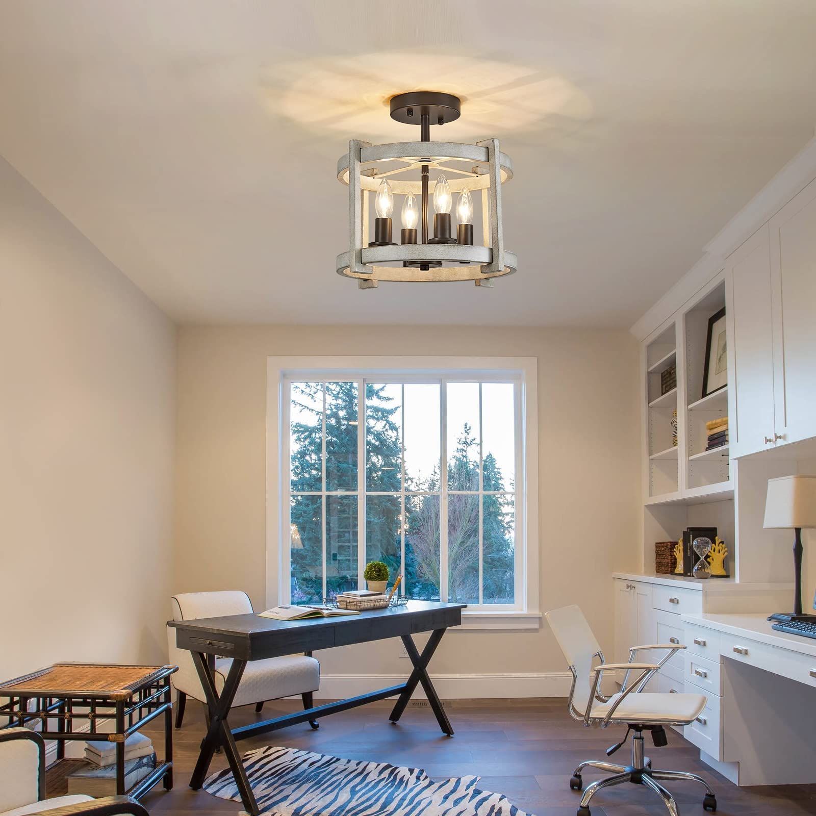 Meixisue 4-Lights Retro Semi Flush Mount Ceiling Light Fixtures,Orb+Oak White,Farmhouse Rustic Vintage Antique Ceiling Light Fix