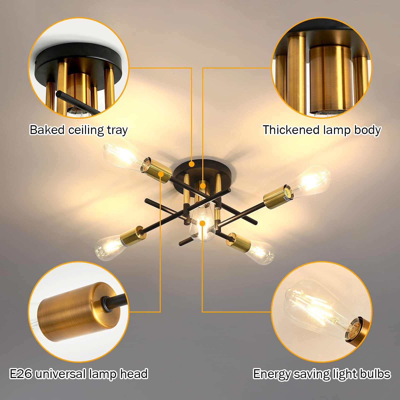 Uofus 5-Light Semi Flush Mount Ceiling Light, Modern Matte Black & Gold Chandelier For Home