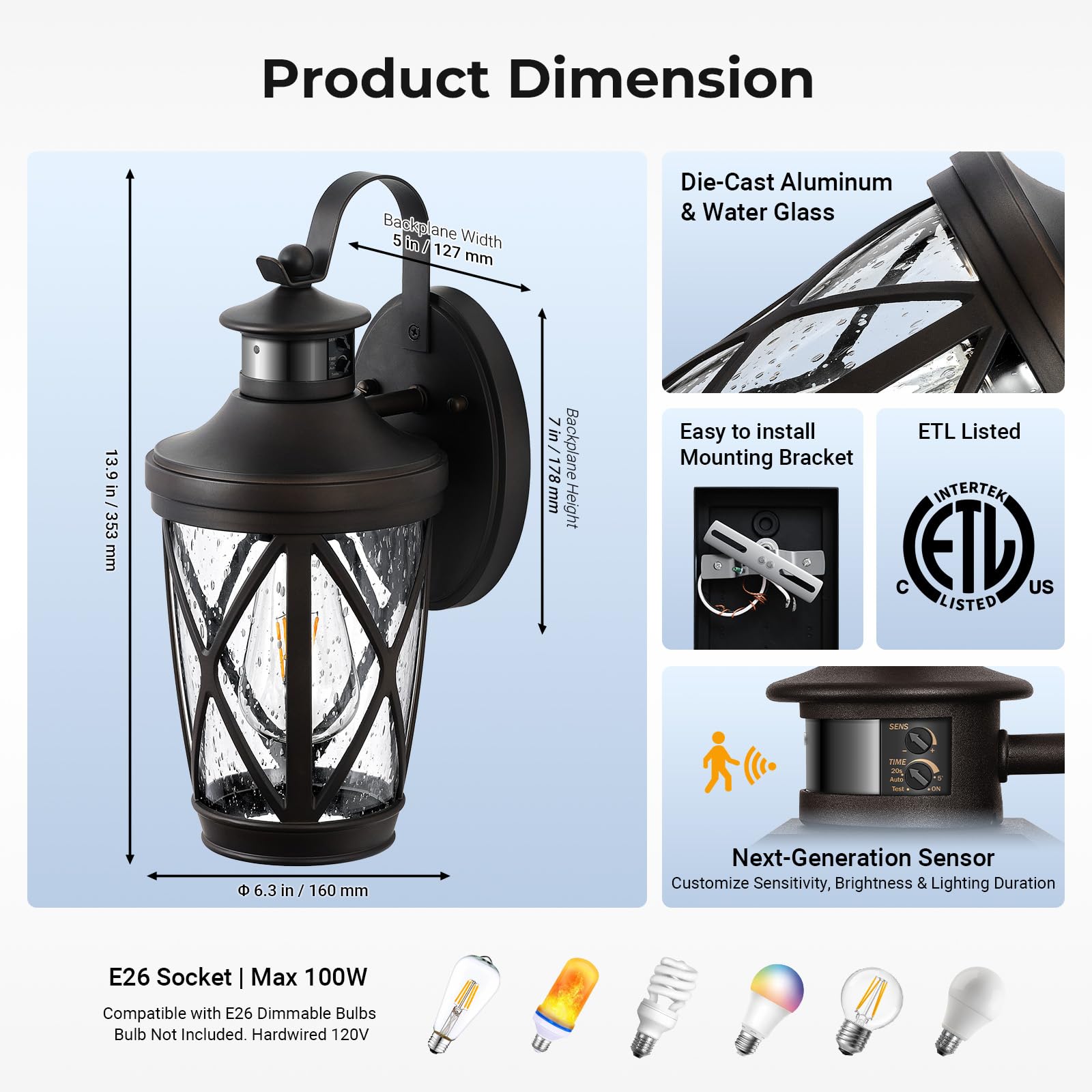 Vianis Outdoor Motion Sensor Light  Brown Exterior Lighting Fixtures  Oil Rubbed Bronze Outside Lights For House  Waterproof Outdoor Lanterns For Porch  Anti-Rust Dusk To Dawn Sensor Wall Mount Sconce