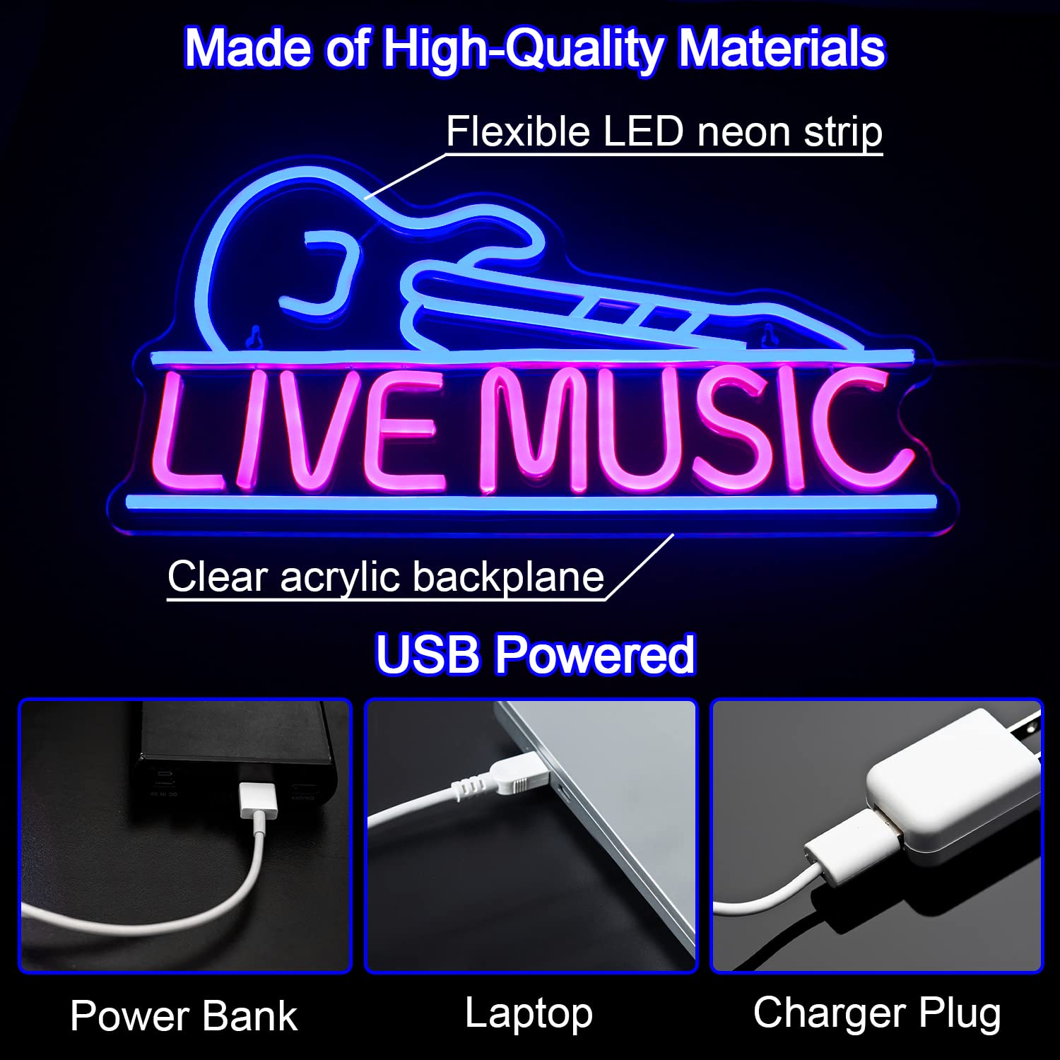 Horseneon Guitar Neon Sign - USB Powered LED Light for Wall Decor, Pink & Blue, Model FY-US-Flamingo
