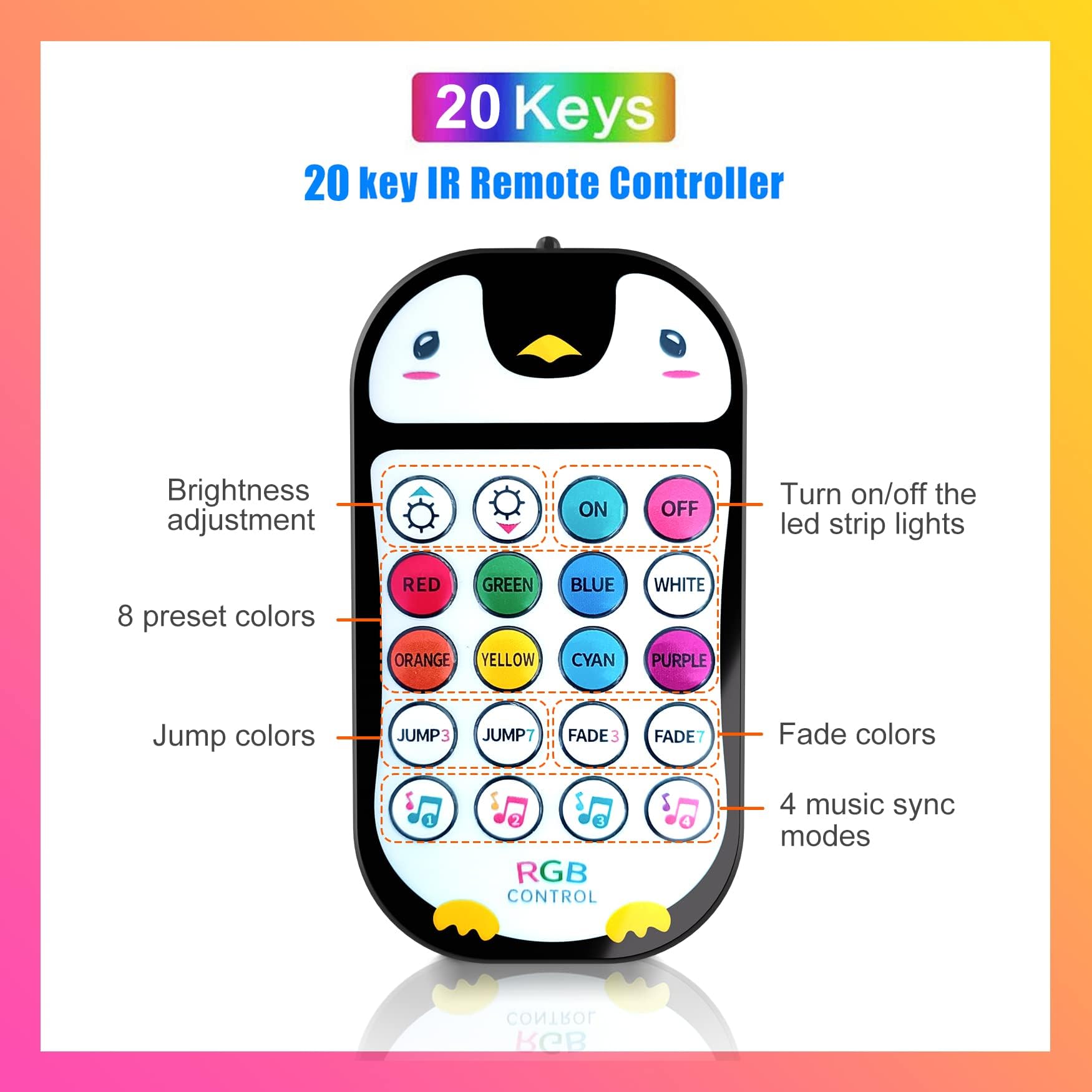 Tjoy 65.6Ft Kids Bluetooth Led Strip Lights, Music Sync Tape Lighting Rgb Color Changing Lighting With Penguin Style Remote, App