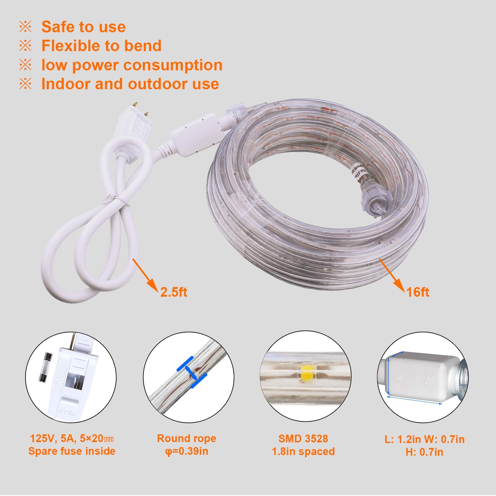 Areful Rope Lights, 16Ft Waterproof LED Strip, 4000K Nature White, Indoor Outdoor Mood Lighting
