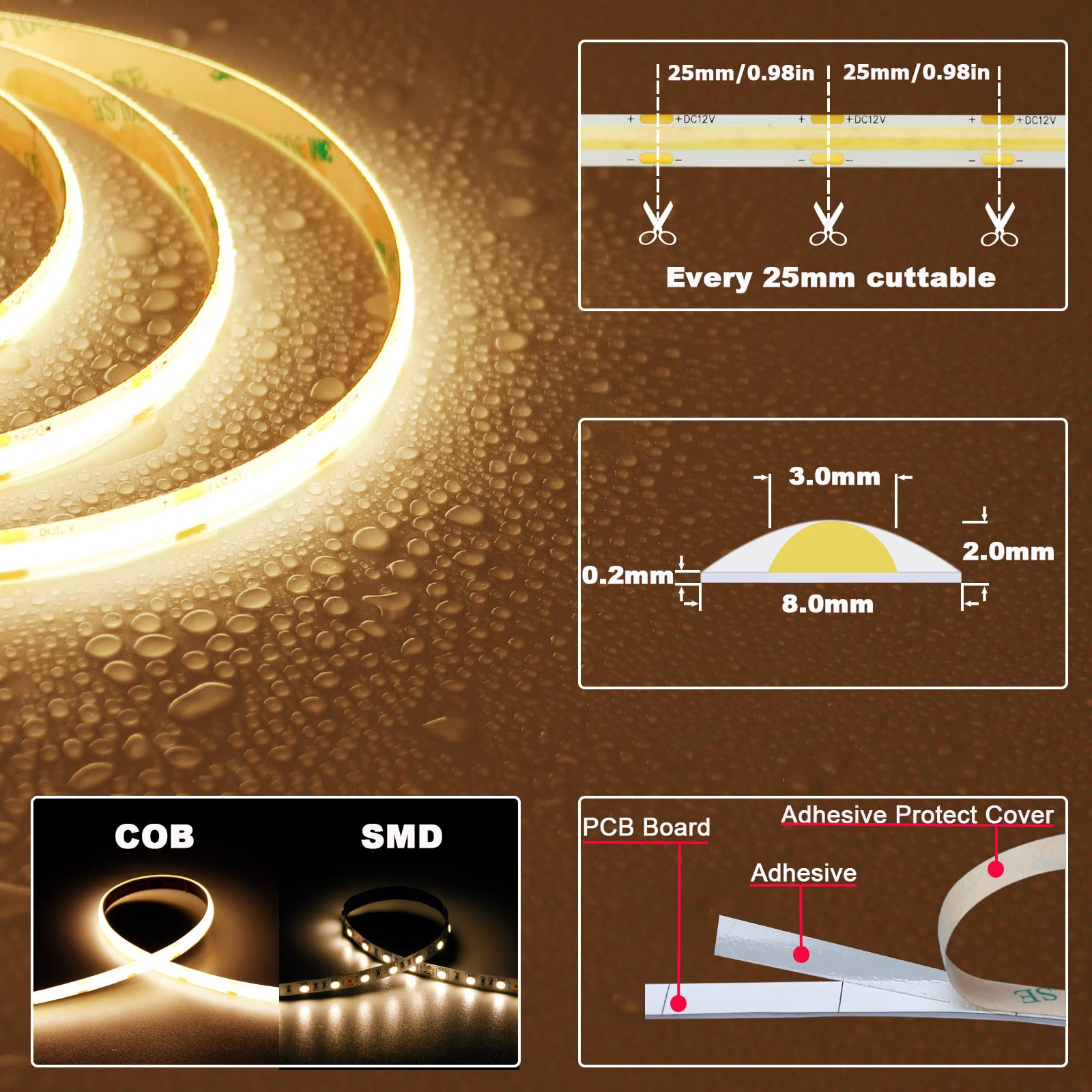 Topai 12V Cob Led Strip Light, Warm White, 16.4Ft, Ip65 Waterproof, 480 Leds/M, Model Cobw1-480, High Density For Diy Projects