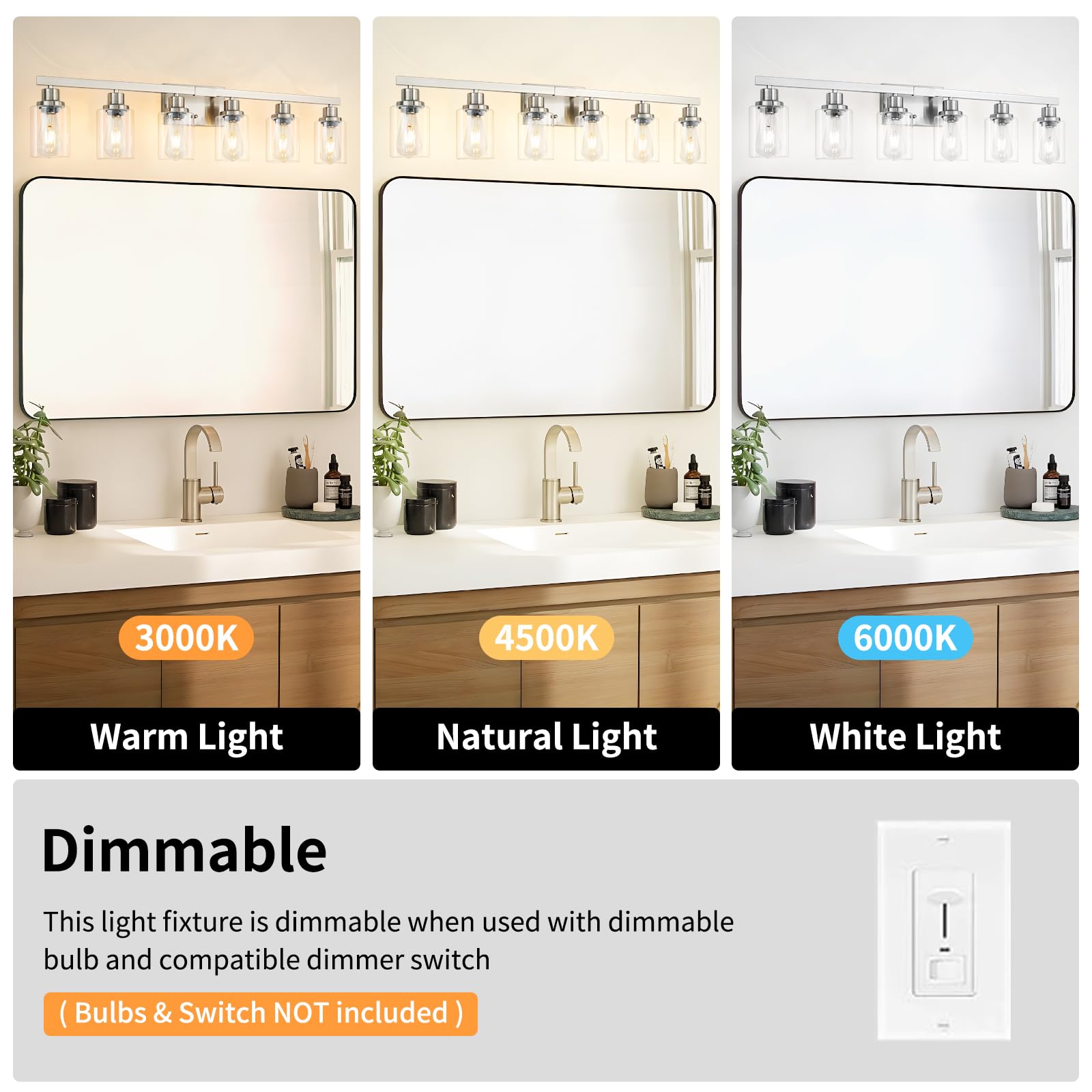 Dikaida 6-Light Bathroom Vanity Light, Nickel Metal Wall Sconce With Clear Glass Shade, Model Ns-6