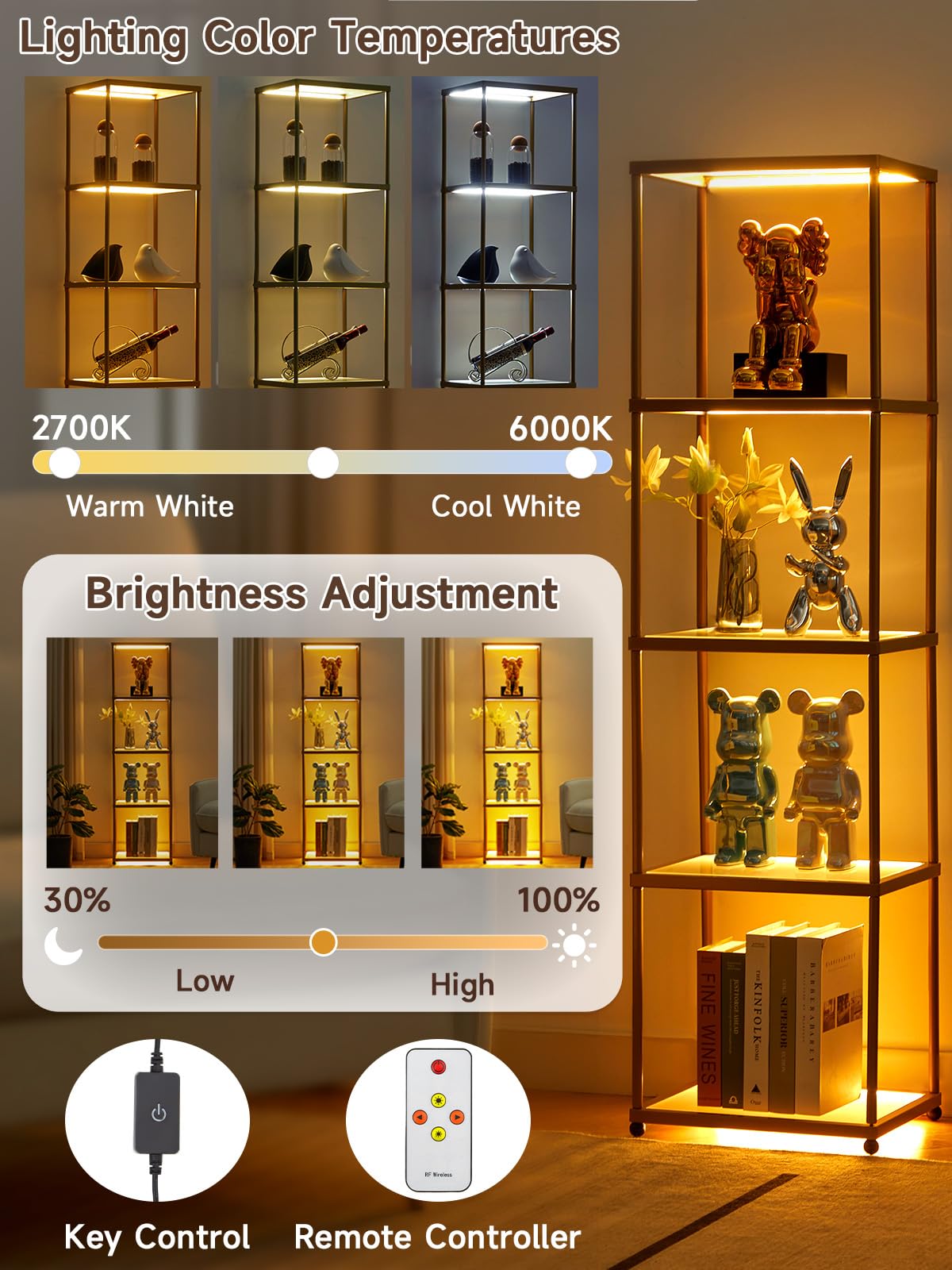 MANBUR Display Shelf with Dimmable LED Floor Lamp, 5-Tier, 58.2inH x 15.7inL x 12.6inW, Iron, Gold, Model d