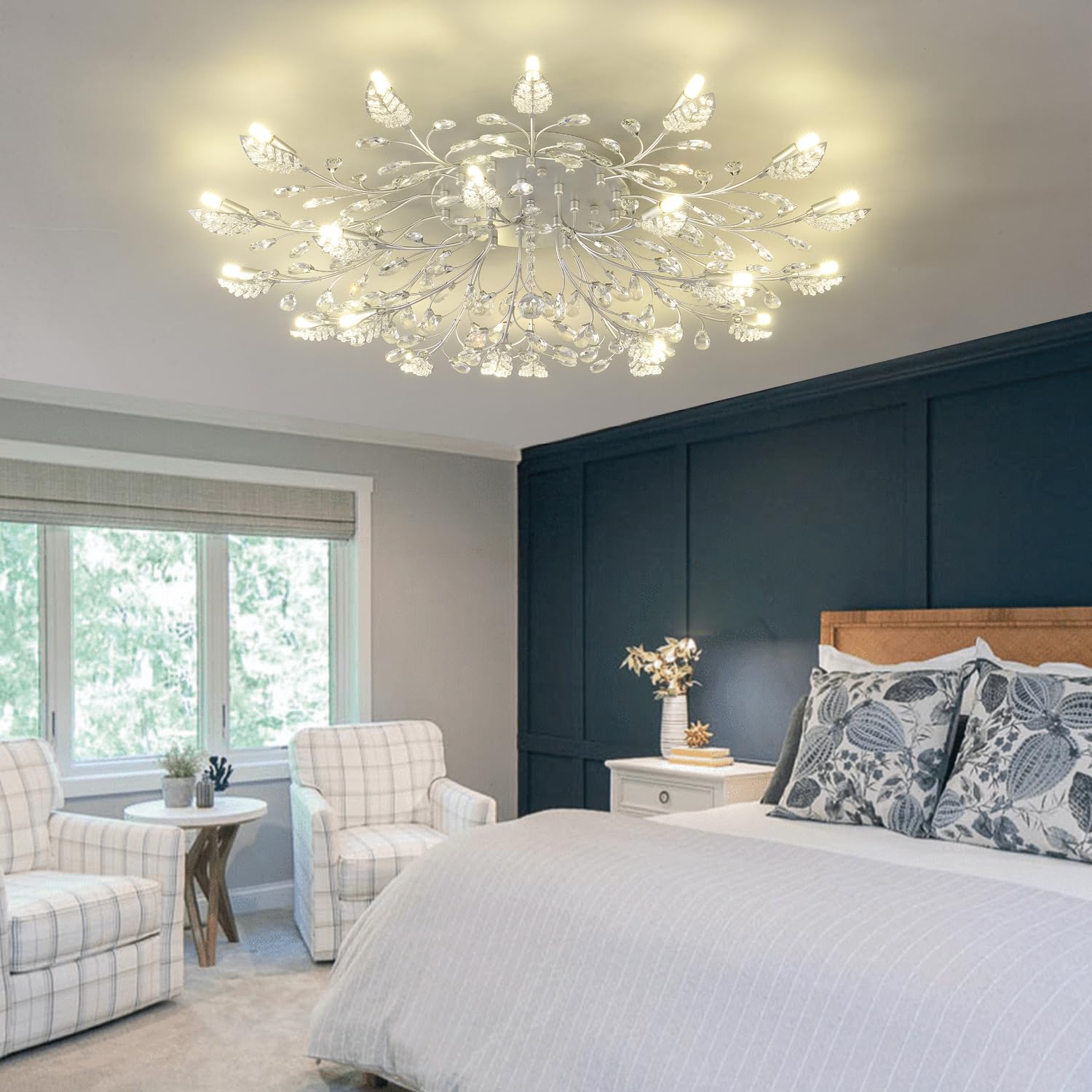 Modern Crystal Ceiling Light Fixture,Semi Flush Mount Chandeliers,Crystal Leaf Ceiling Light,Silvery Chandeliers For Dining Room
