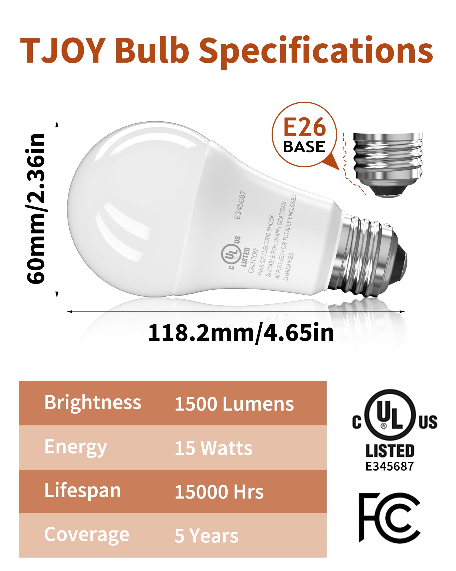 TJOY LED Light Bulbs A19, 100W Equivalent, 1500 Lumens, 2700K Warm White, E26 Base, 12 Pack