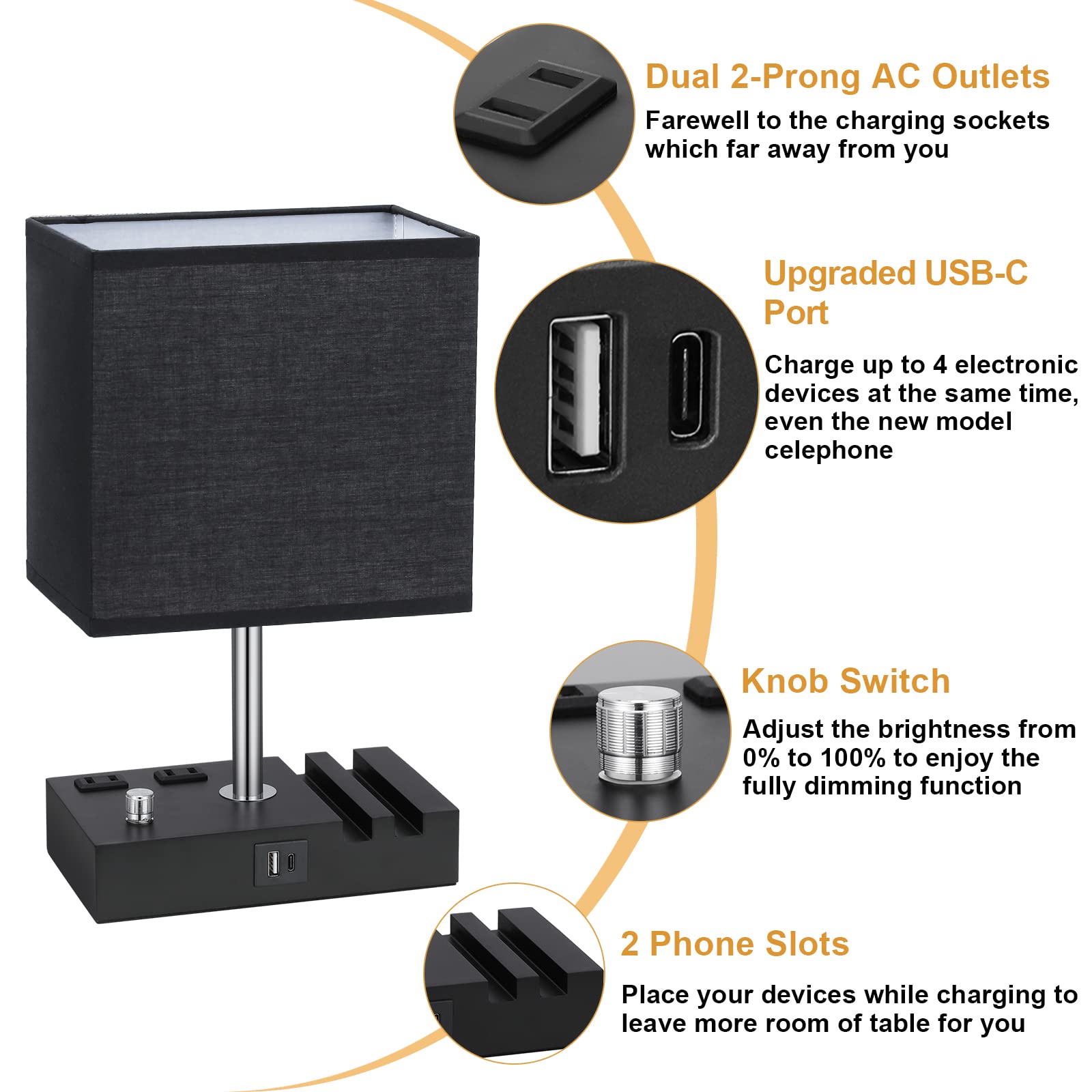 Kakanuo Table Lamp For Bedroom With Dual Usb Ports, Fully Dimmable Black Bedside Lamp With Phone Stands And 2 Charging Outlets,