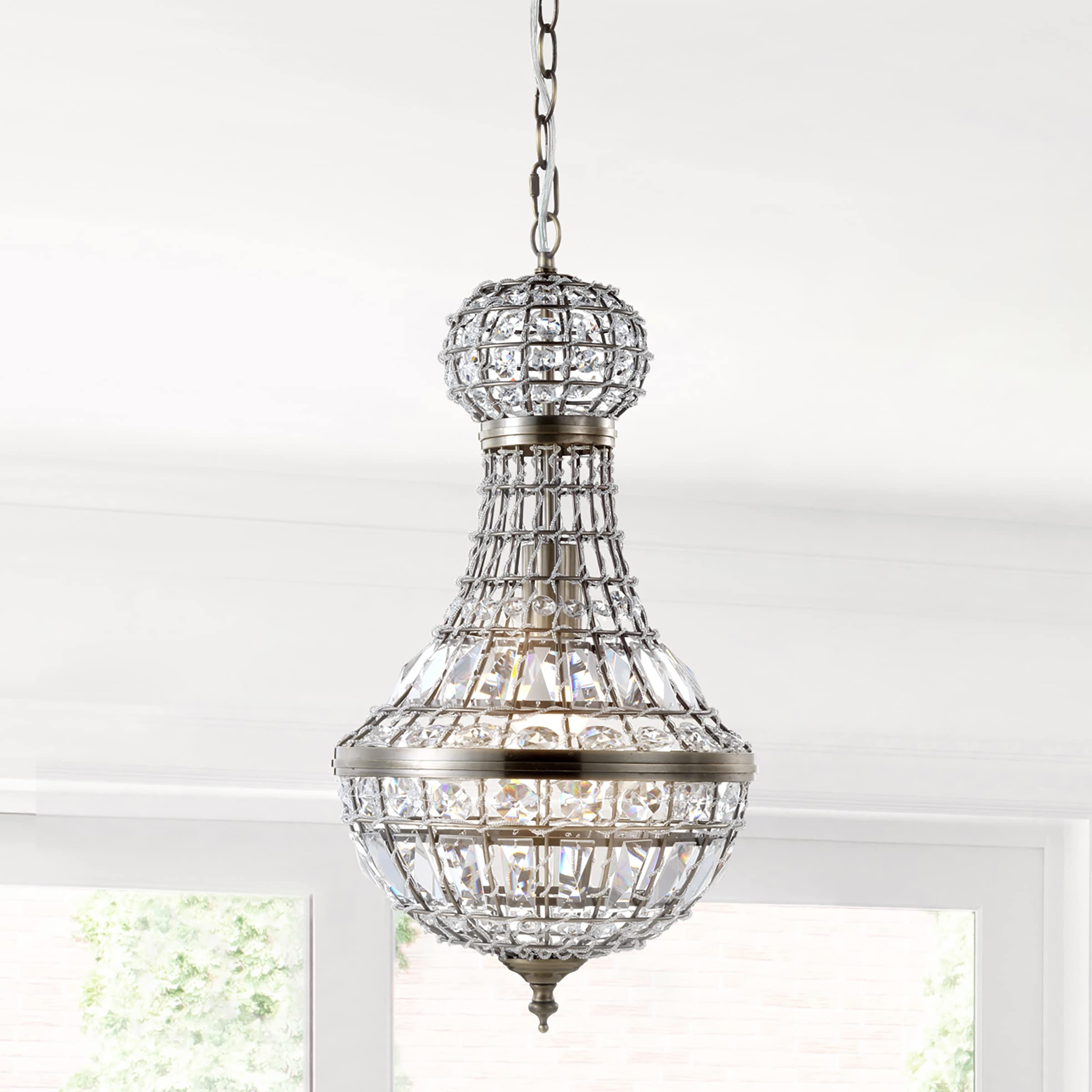 JONATHAN Y 10in Crystal Metal LED Chandelier Pendant Antique Brass, Model JYL6108A, Dimmable, Adjustable for Dining Room, Living Room, Kitchen
