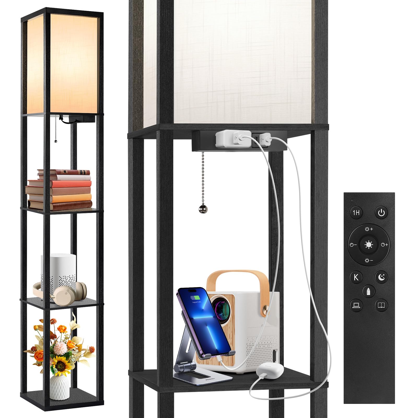 OUTON Floor Lamp with Shelves, Dimmable, Remote Control, USB & Type C Ports, Power Outlet, Matte Black
