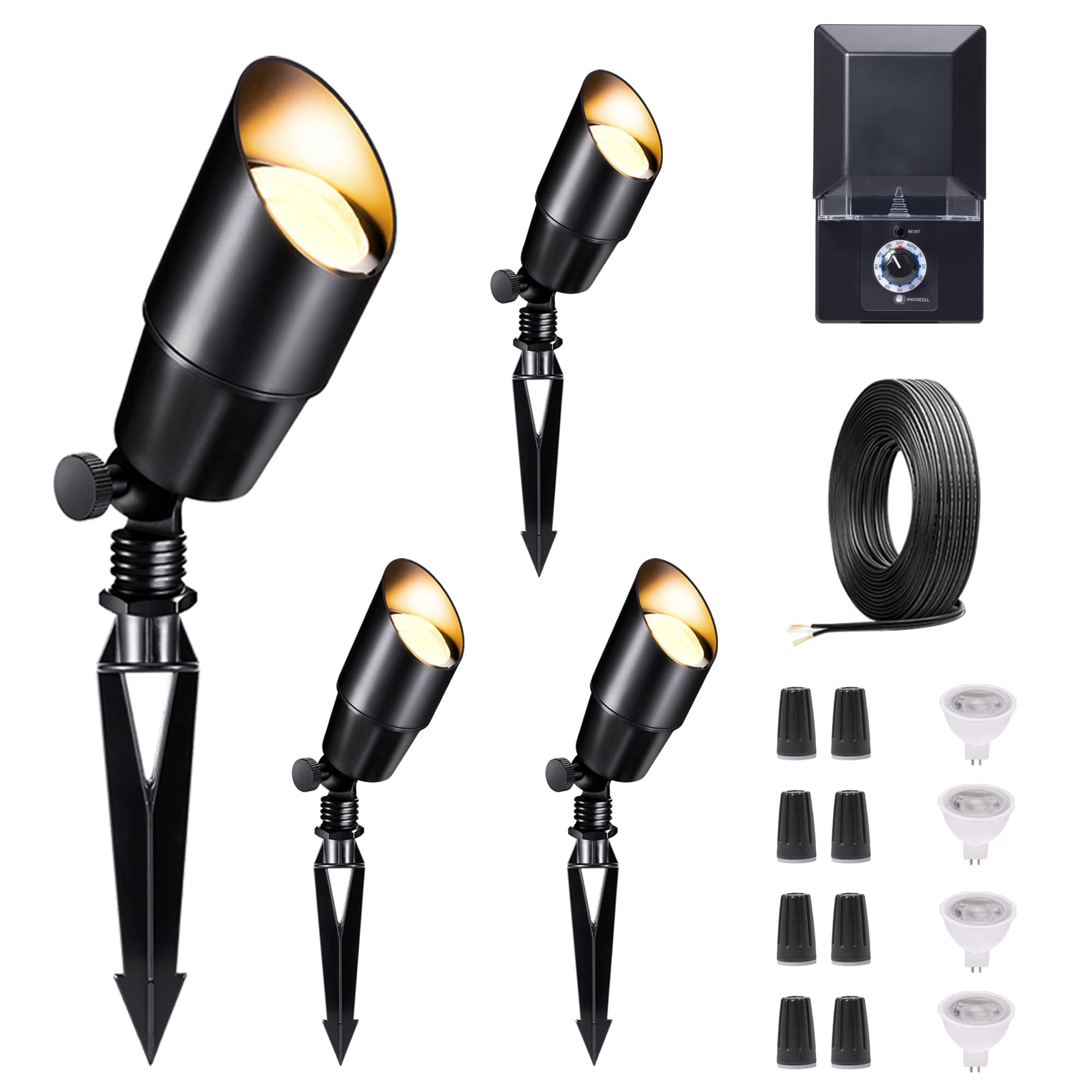 Varmtalys Low Voltage Spotlight Kit, with 4 Pack Black LED Landscape Lighting and 100W Transformer and 100FT Cable and 20 Wire C