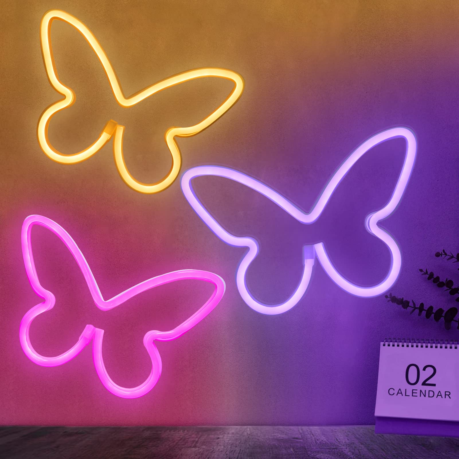 BRIGHTDECK Butterfly Neon Signs, 3 Pcs LED Wall Décor, 5x5 inches, USB/3-AA Battery, Pink/Purple/Warm White, Model 001