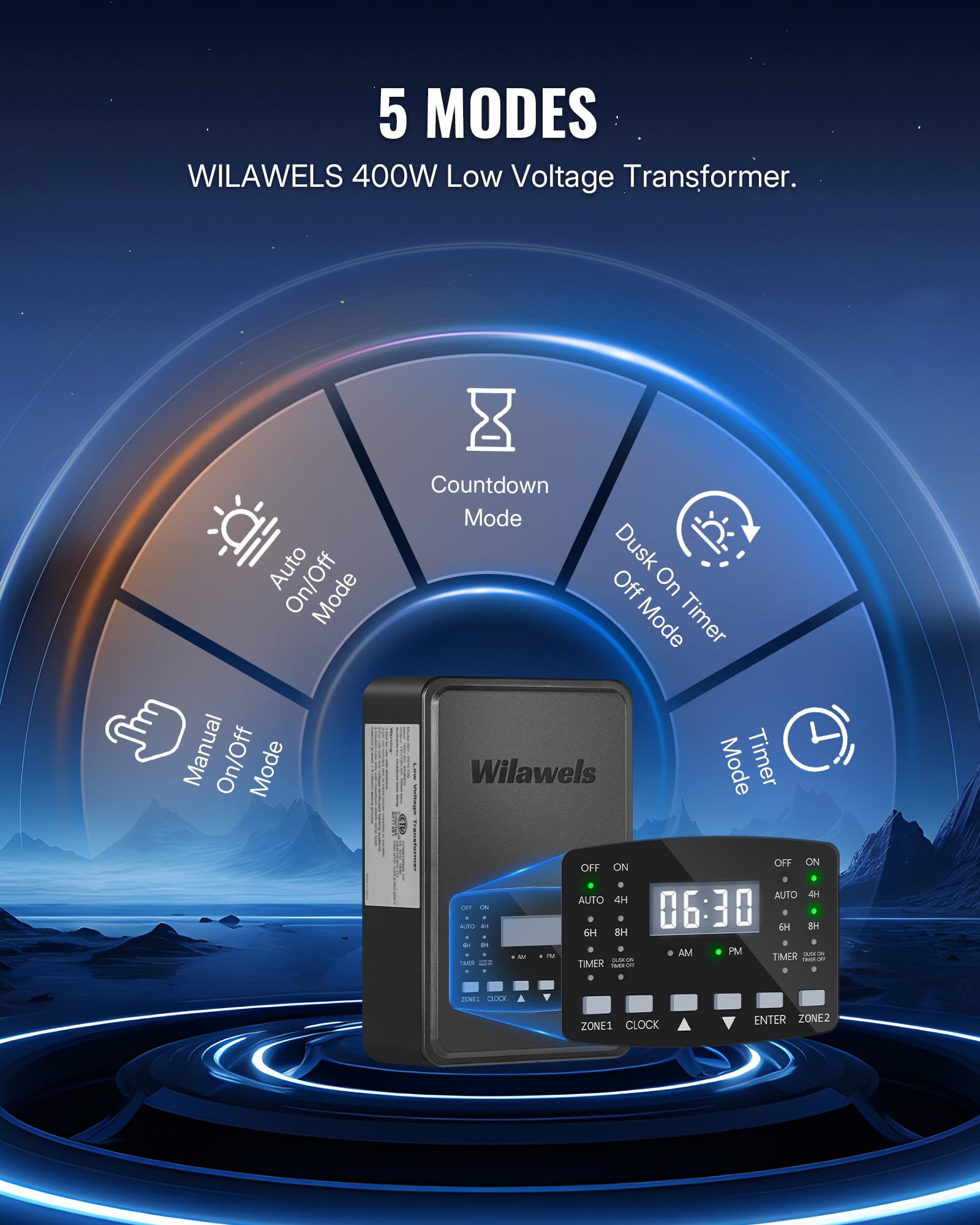 WILAWELS 400W Low Voltage Landscape Transformer, 2 Zone Control, 120VAC to 12/14V AC, Timer & Photocell Sensor, Black, Model D21LT