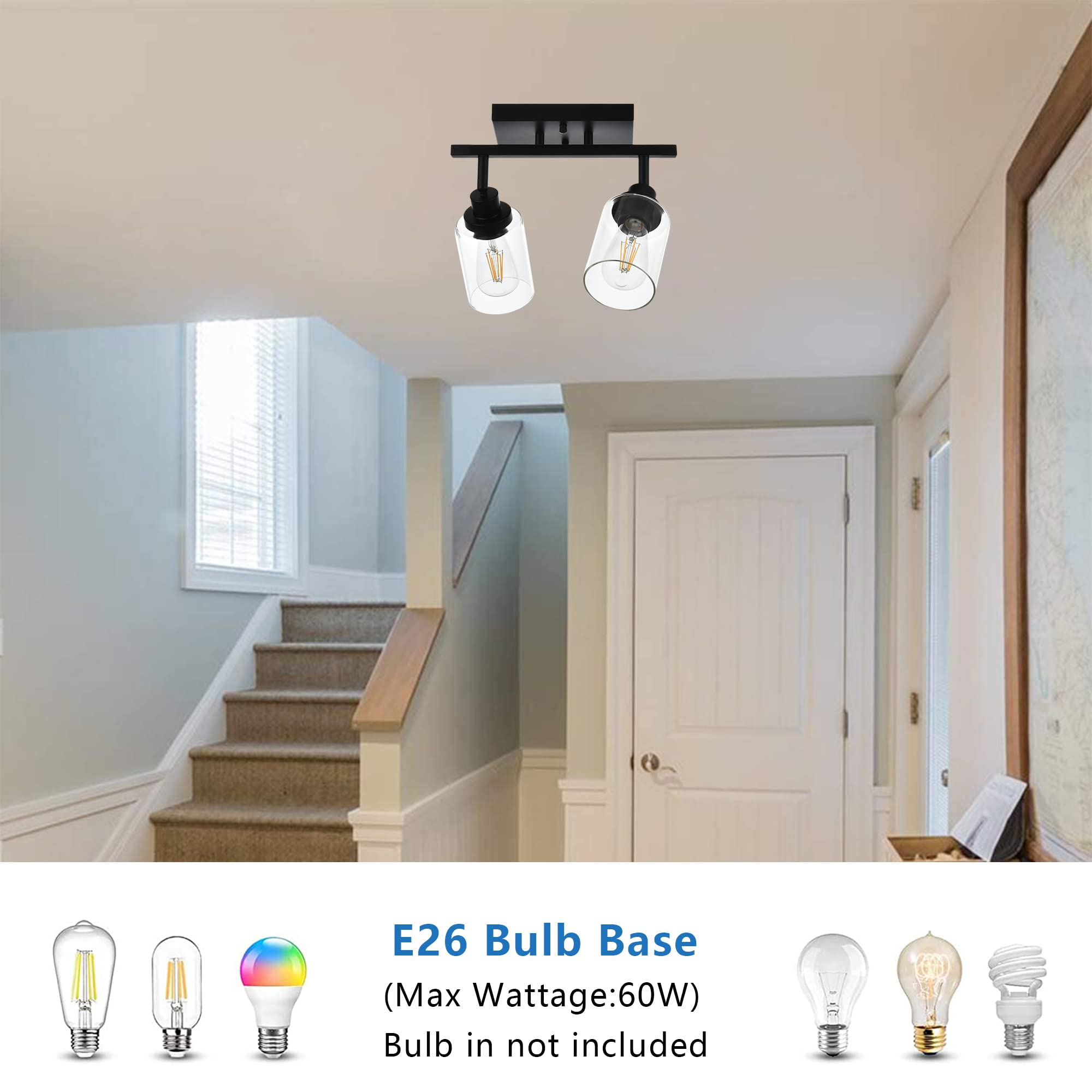 Melucee 2 Light Wall Scone Spotlight Semi Flush Mount Ceiling Light, 13.8 Inch Black Bathroom Lights Rotatable Track Lighting Kit For Hallway Porch Foyer Bath Storage, Clear Glass Shade