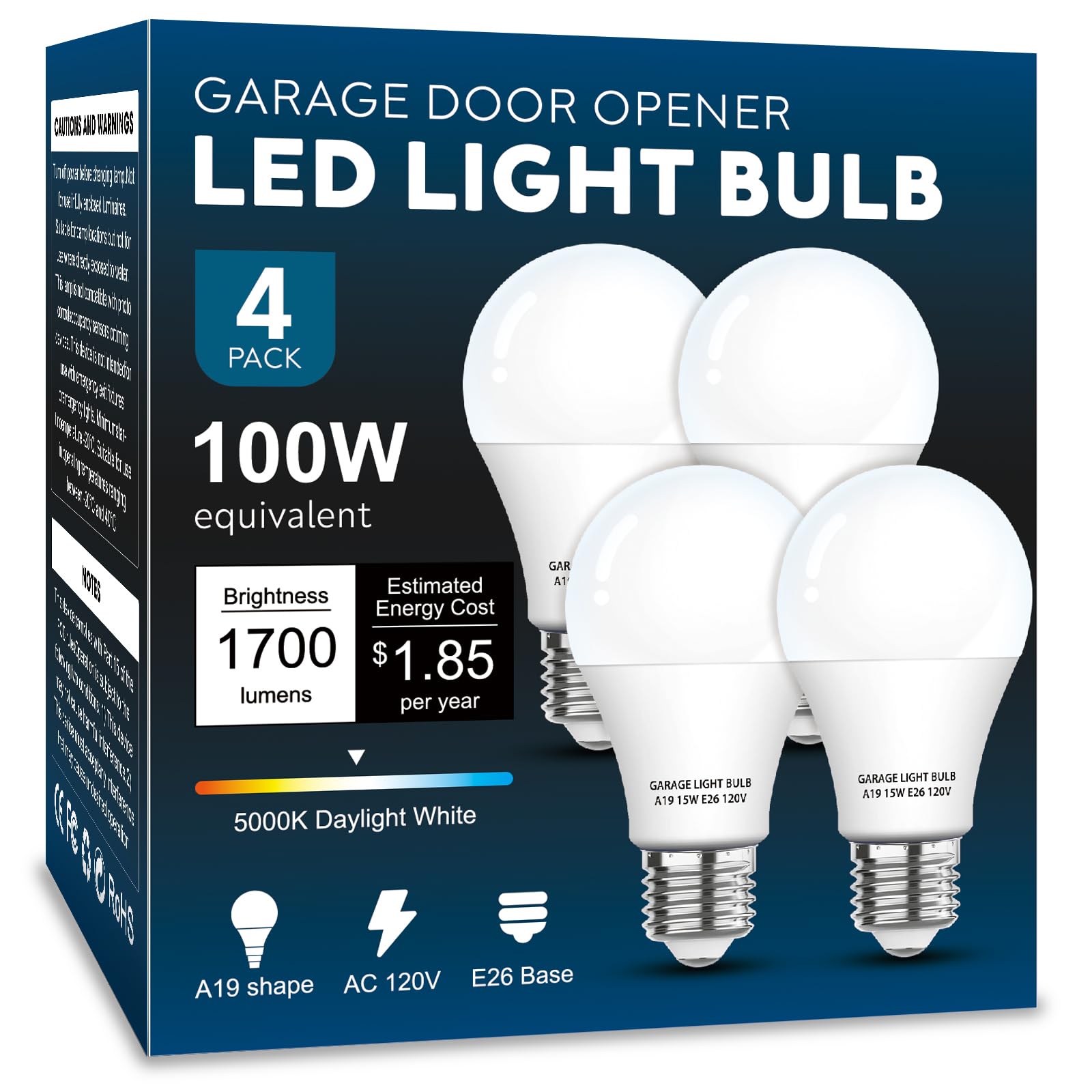 LOXYEE Garage Door Opener LED Light Bulb 4 Pack 15W Equivalent to 100W Garage Light Bulb A19 5000K Daylight White E26 Base 120V Outdoor Light Bulbs Minimize Interference Dimmable