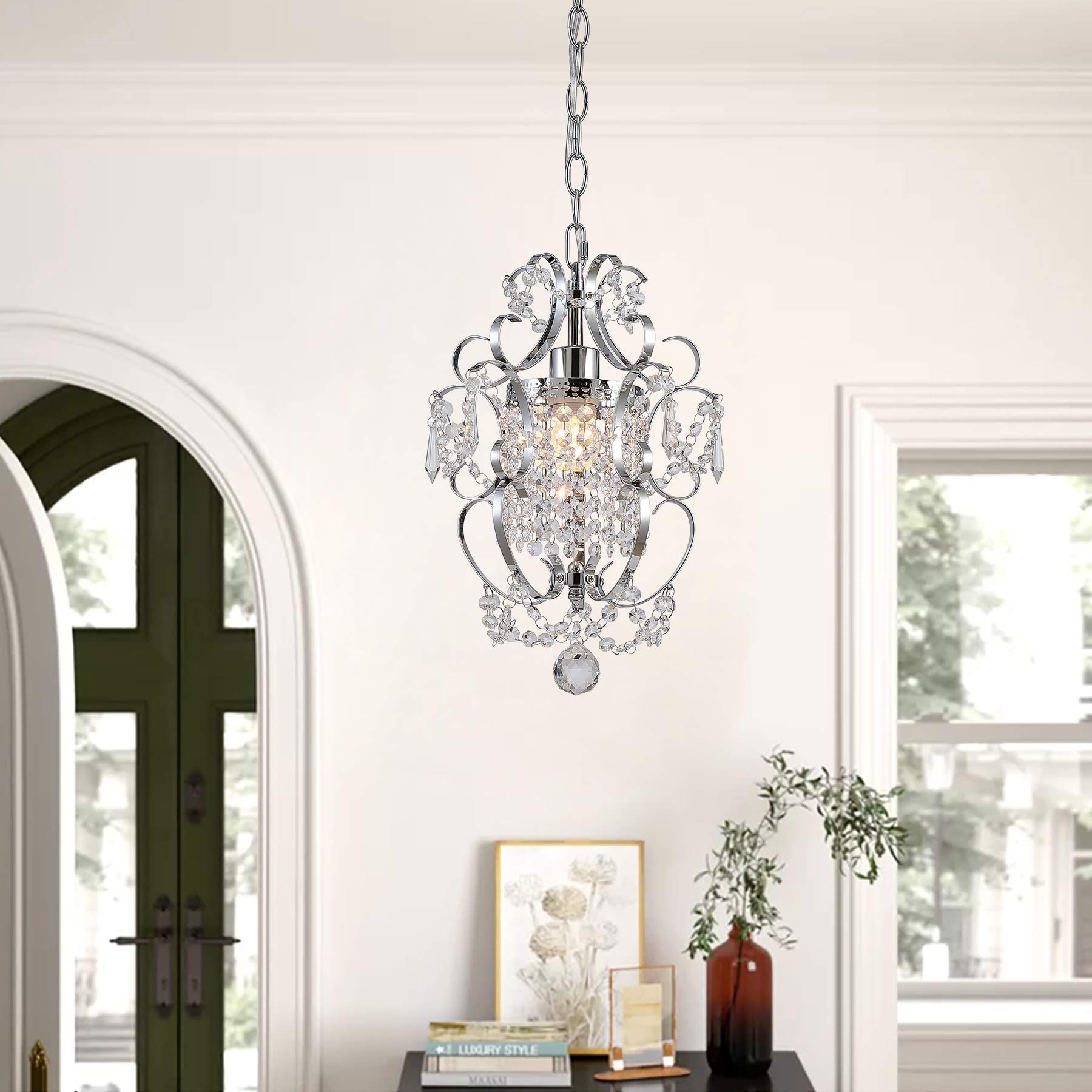 riomasee Mini Chandelier Modern Chrome Crystal Ceiling Light Fixture 1-Light Iron Small Chandelier for Bedroom,Kitchen,Girls Roo