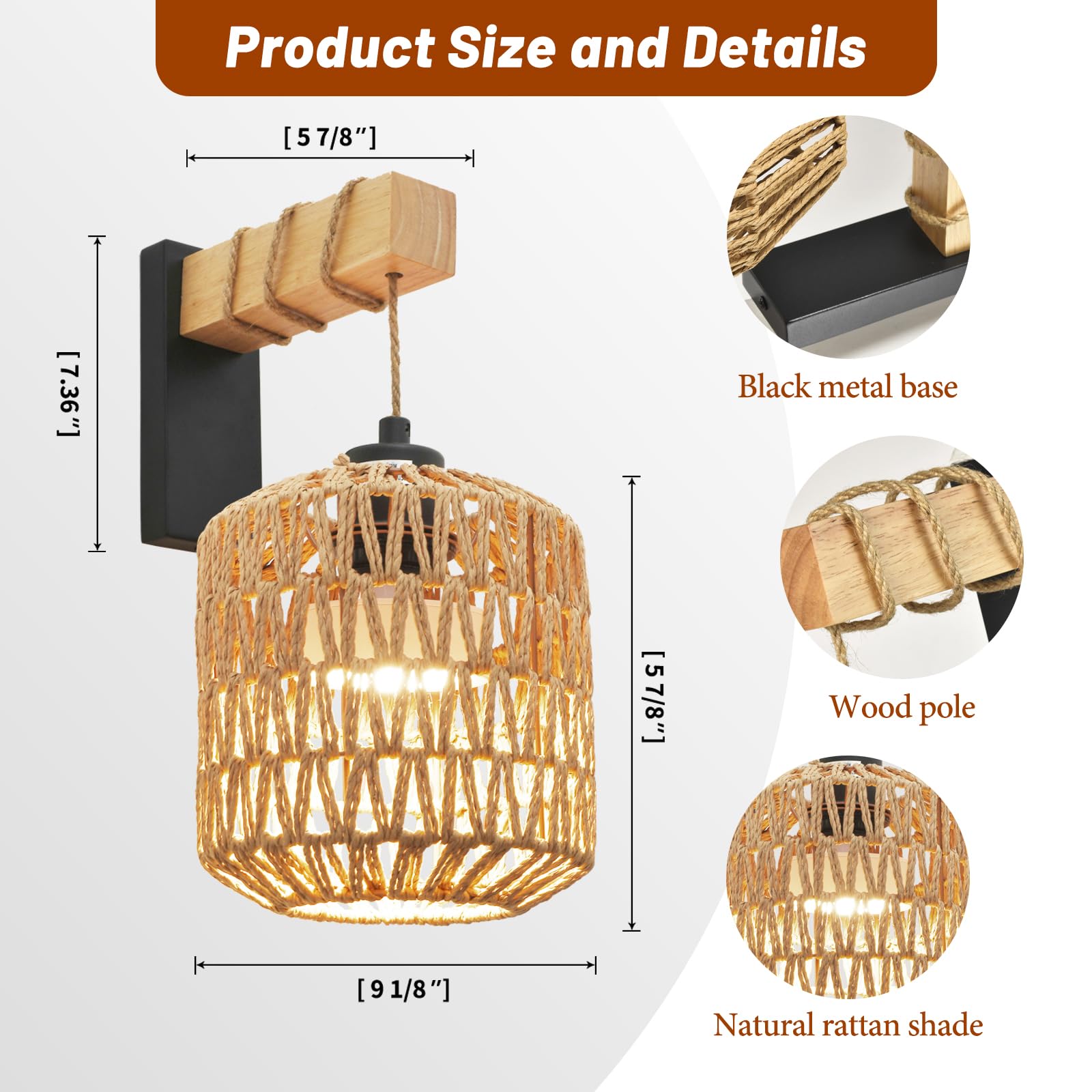 NOVCAND Battery Operated Rattan Wall Sconce Set of Two, Wireless RGB Lights, Black, Farmhouse Style, Model TW20240820-INTELLIGENT