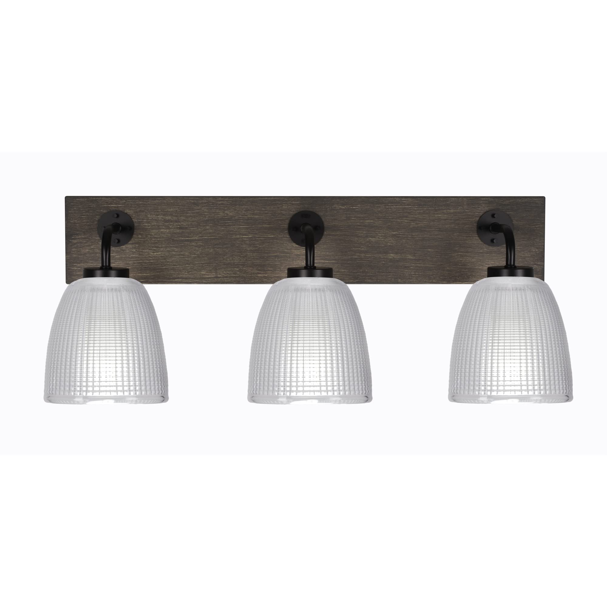 Oxbridge 3 Light Bath Bar In Matte Black & Painted Distressed Wood-Look Metal Finish With 5" Clear Ribbed Glass