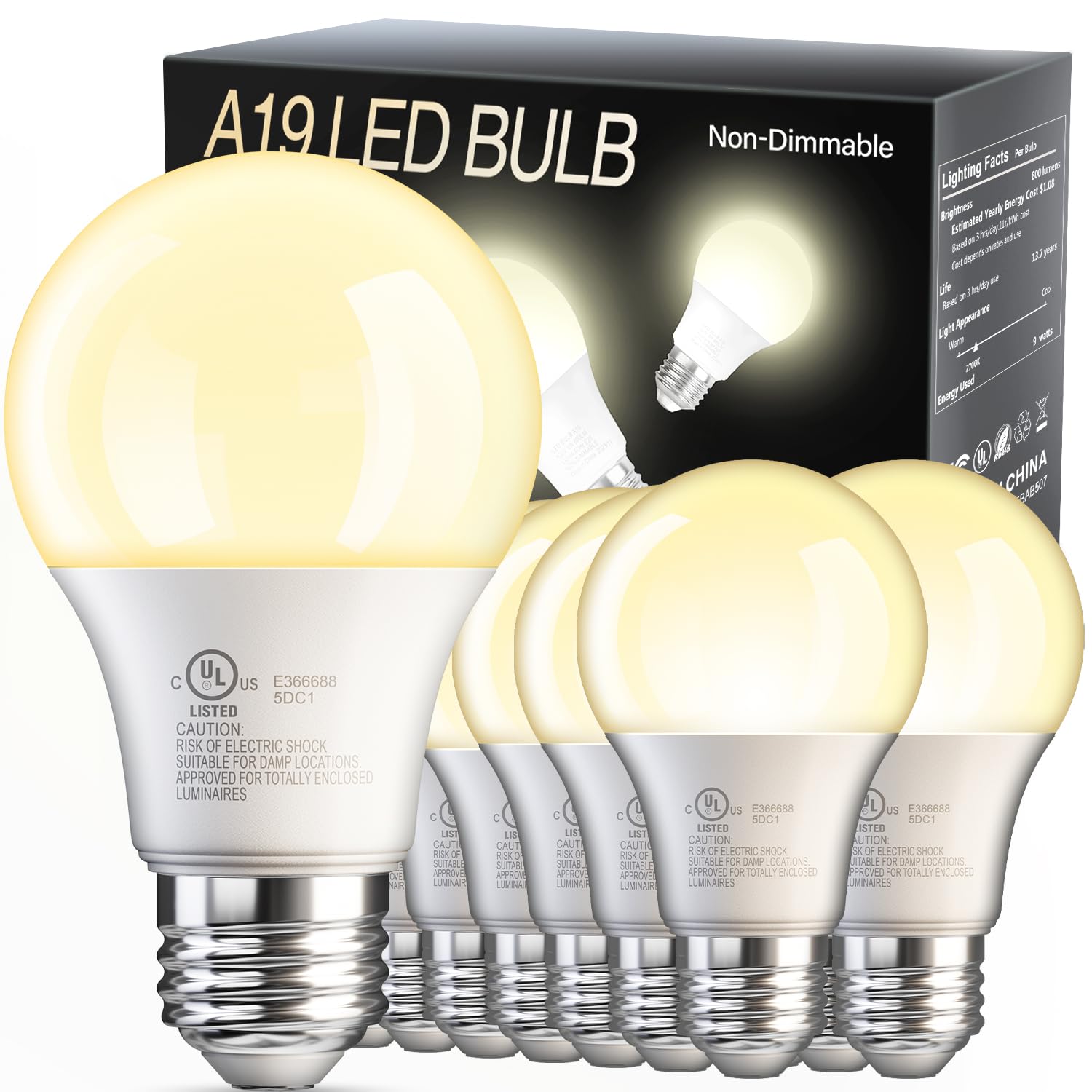 Volivo 24 Pack A19 Led Light Bulbs, 3000K, 9W(60W Equivalent), 800 Lumens, E26 Standard Base, Energy Saving Led Bulb, Non-Dimmab
