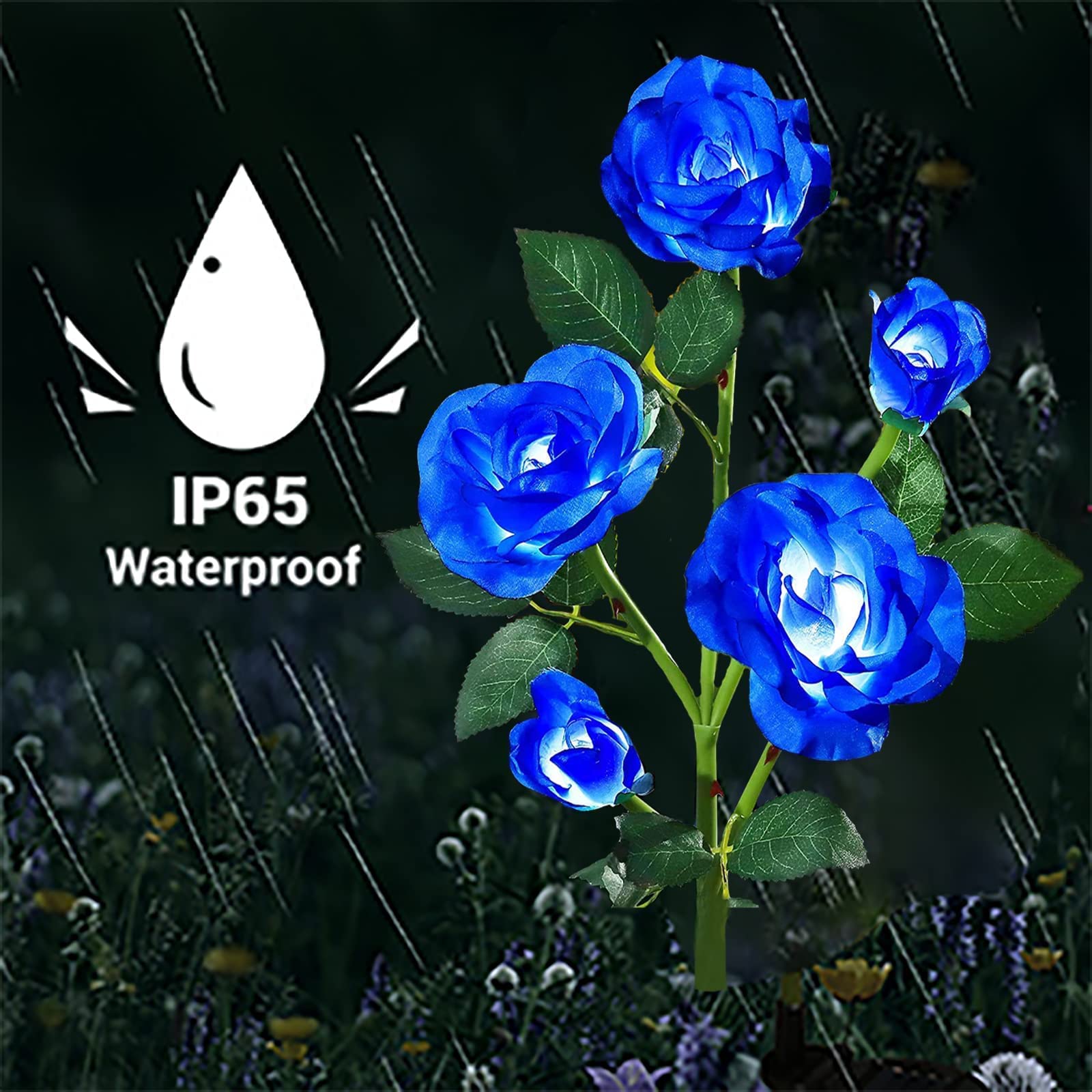 Angmln 2 Pack Solar Garden Lights, Solar Flower Lights Outdoor Waterproof With 10 Head Blue Rose 7-Color Changing Landscape Ligh