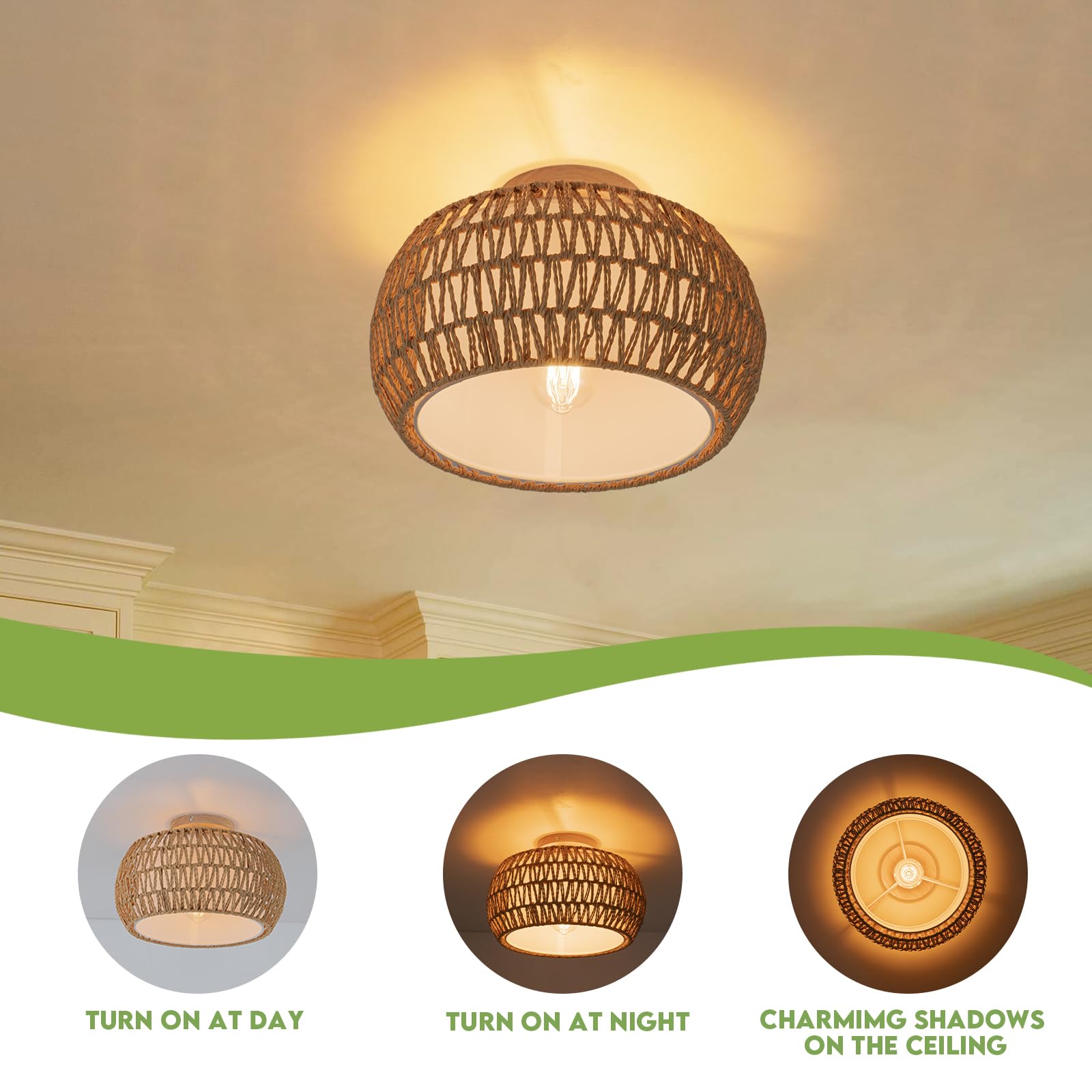 Dsliting Rattan Chandelier Boho Ceiling Light Fixtures Drum Flush Mount Ceiling Light Small Woven Chandelier For Kitchen Bedroom