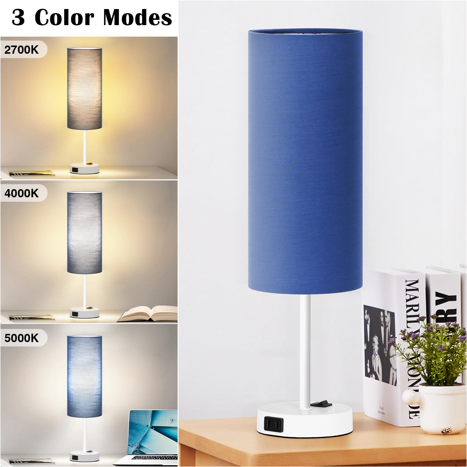ZJOJO Table Lamp 2 Pack, 18in Bedside Lamps with 3 Way Dimmable Switch, Blue Fabric Shade, White Base, Model RD-PTL6W-038