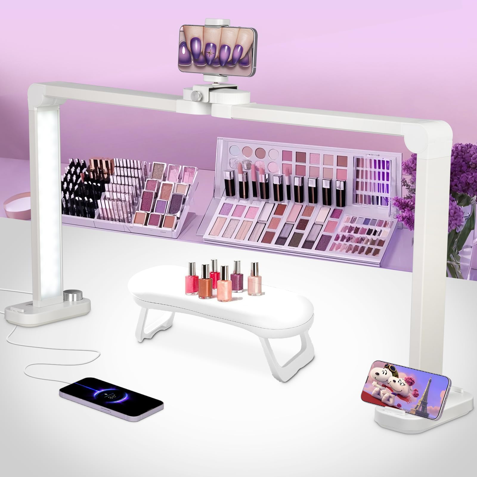 Hitti 456 Leds Bright Nail Tech Lamp For Desk, 34 Inch Foldable Large Nail Arch Light With Phone Holder, Stepless Dimming & 3 Mo